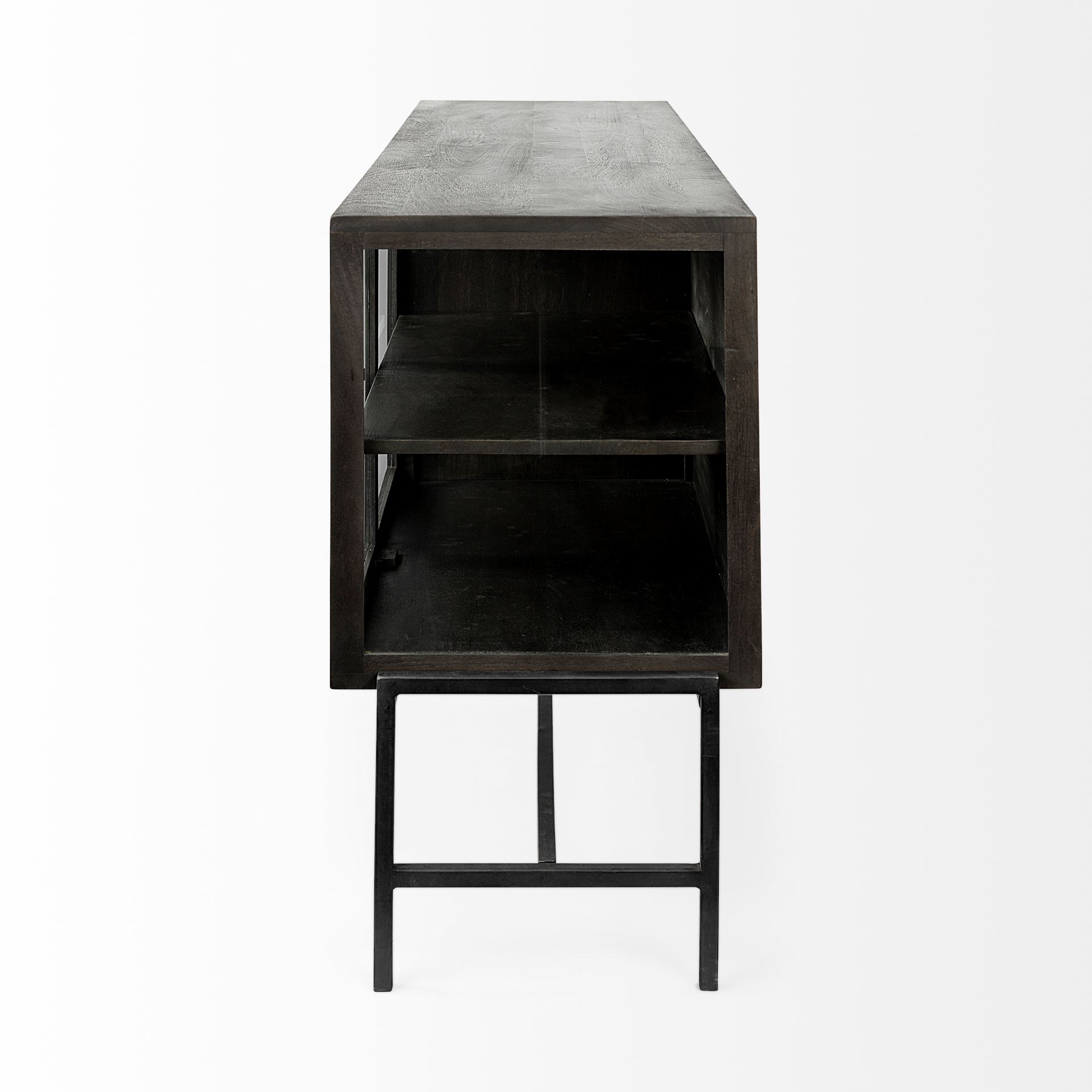 arelius 70x18 black-brown wood, black metal base w/ 4 glass cabinet doors sideboard