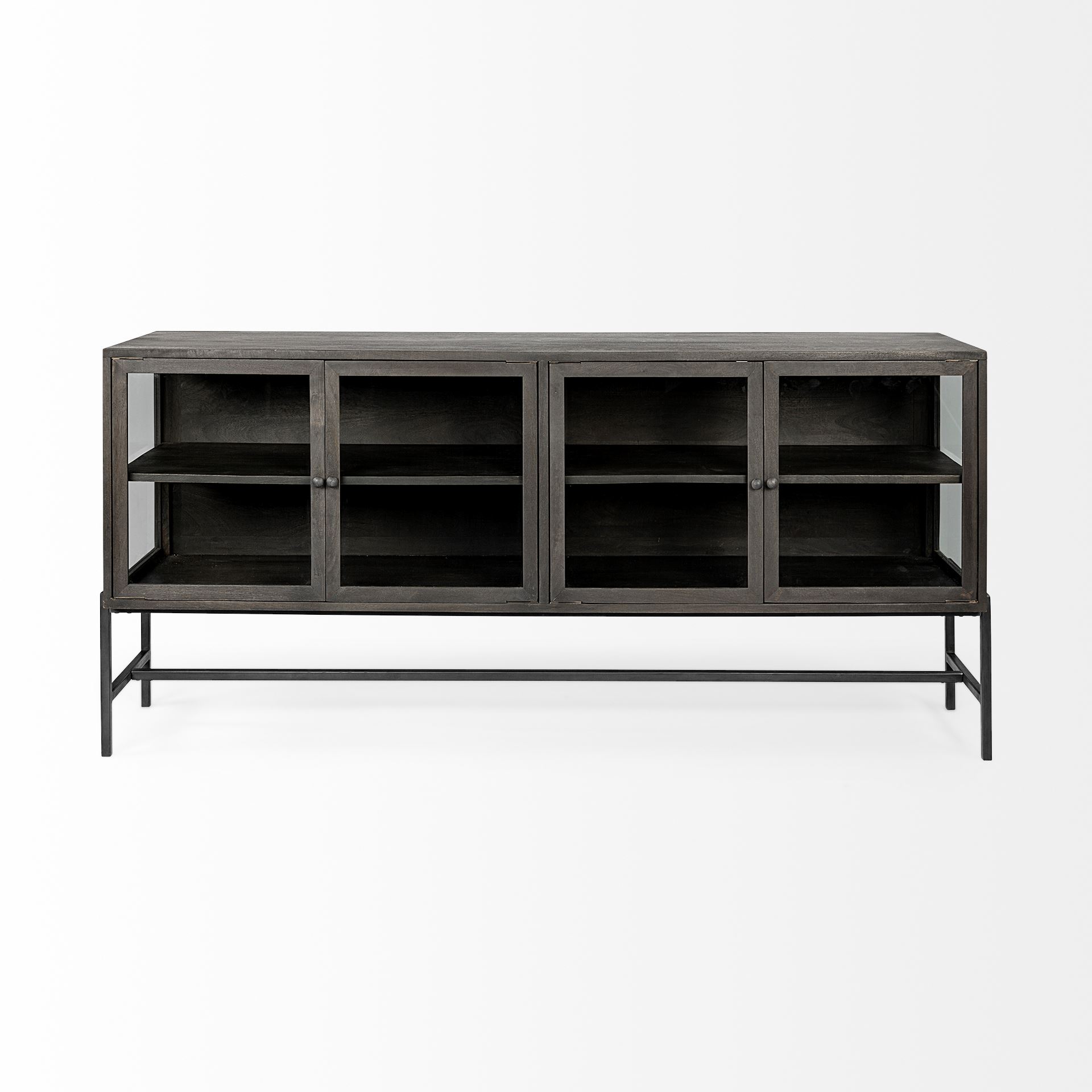 arelius 70x18 black-brown wood, black metal base w/ 4 glass cabinet doors sideboard