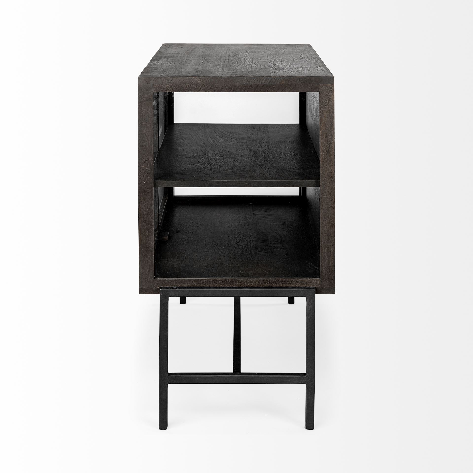 arelius 36l x 18w black-brown wood, black metal base w/ 2 glass doors accent cabinet