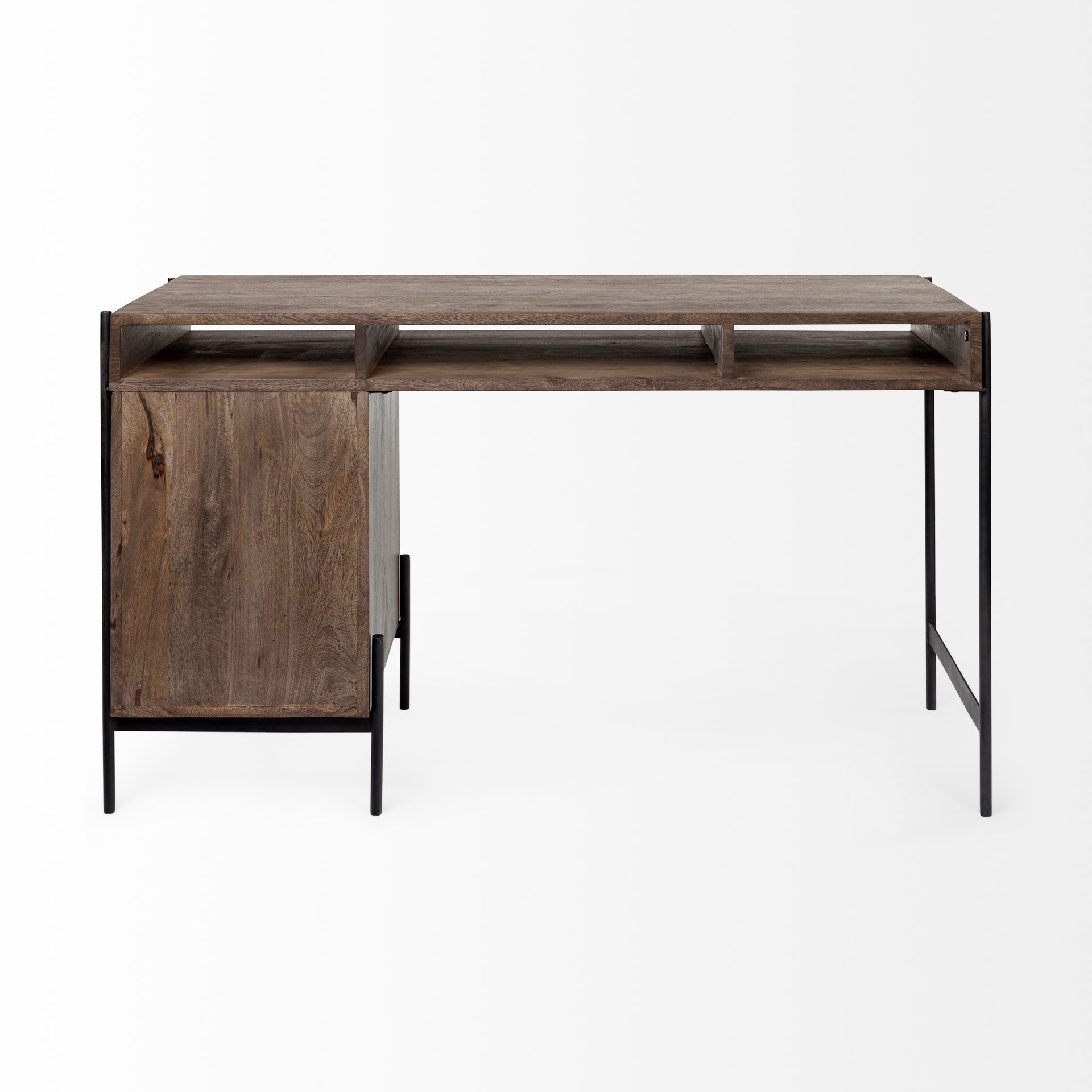 glenn vii 56l x 22w dark brown wood w/ black iron frame, 3 drawer office desk
