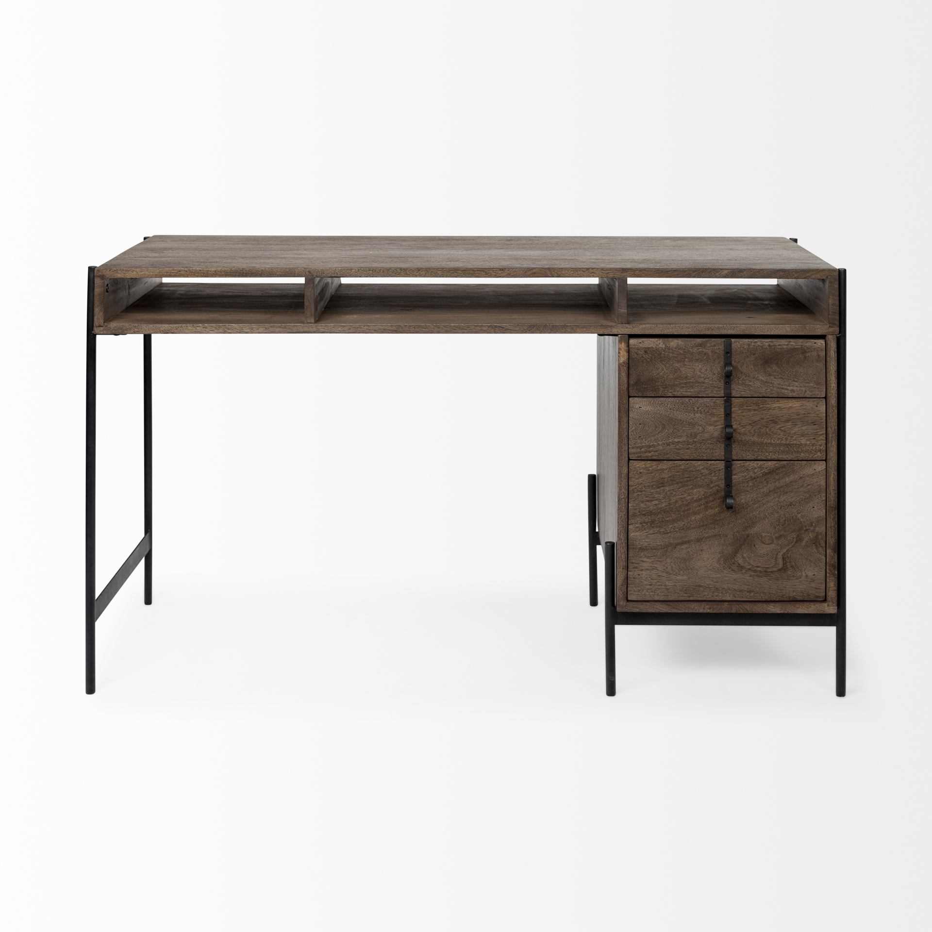 glenn vii 56l x 22w dark brown wood w/ black iron frame, 3 drawer office desk