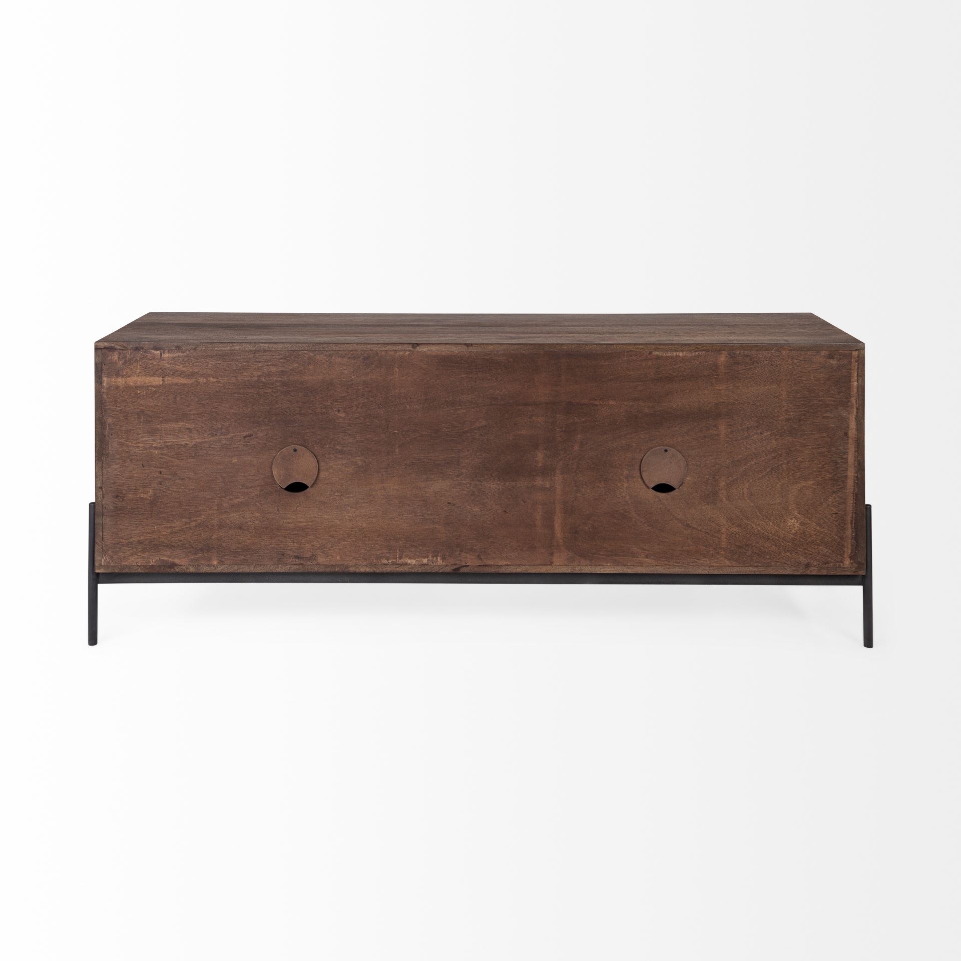 glenn iv dark brown wood w/ black iron frame media console w/ storage, tv stand for tv up to 71
