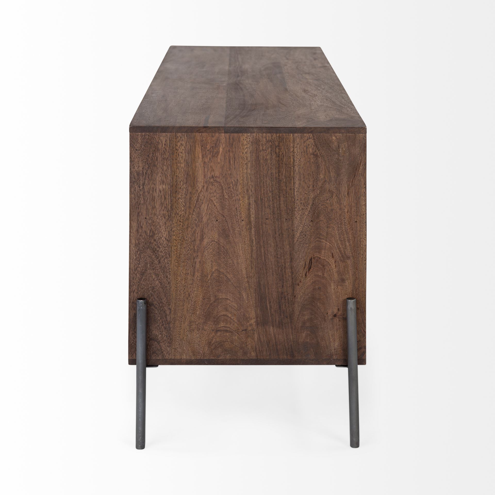 glenn iv dark brown wood w/ black iron frame media console w/ storage, tv stand for tv up to 71