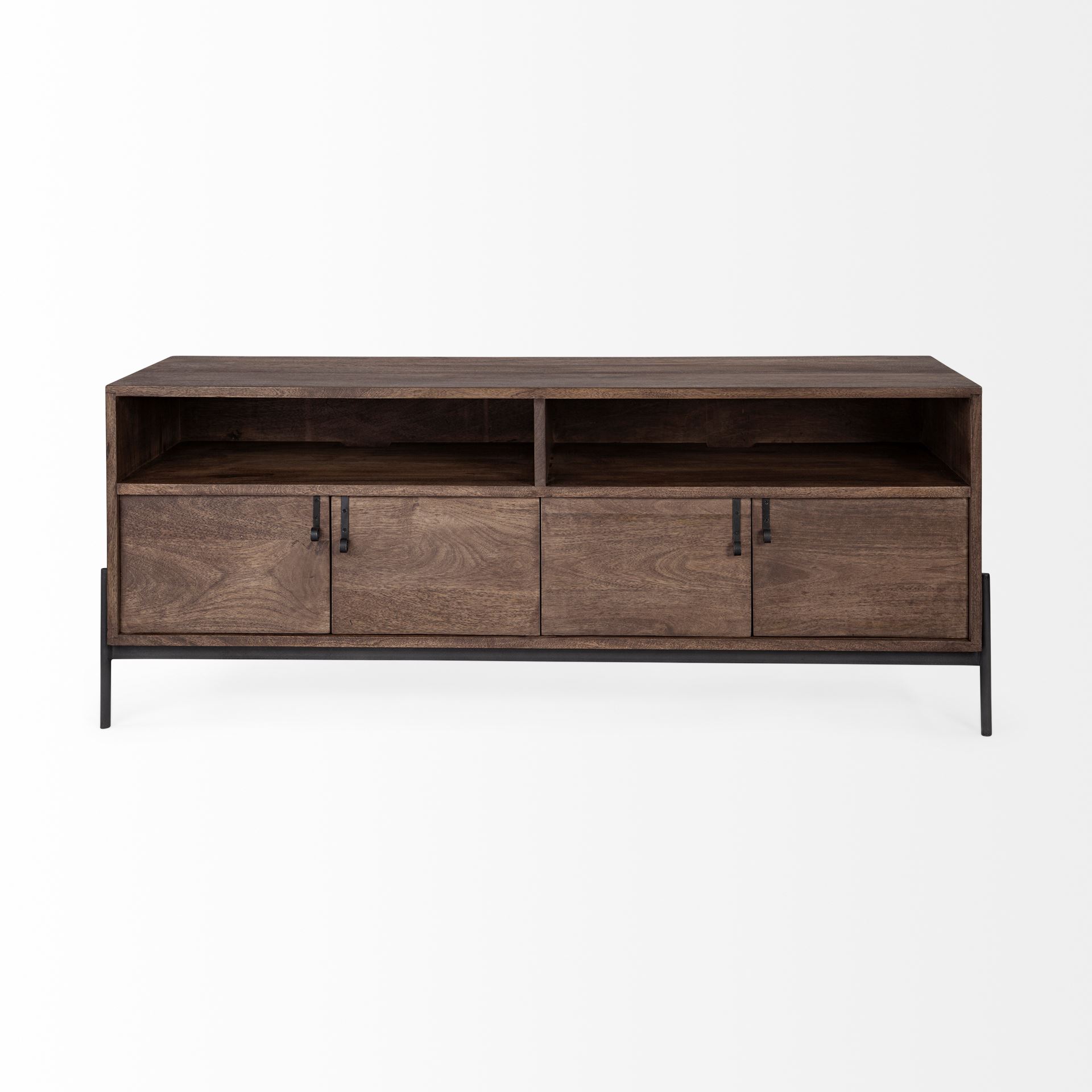 glenn iv dark brown wood w/ black iron frame media console w/ storage, tv stand for tv up to 71