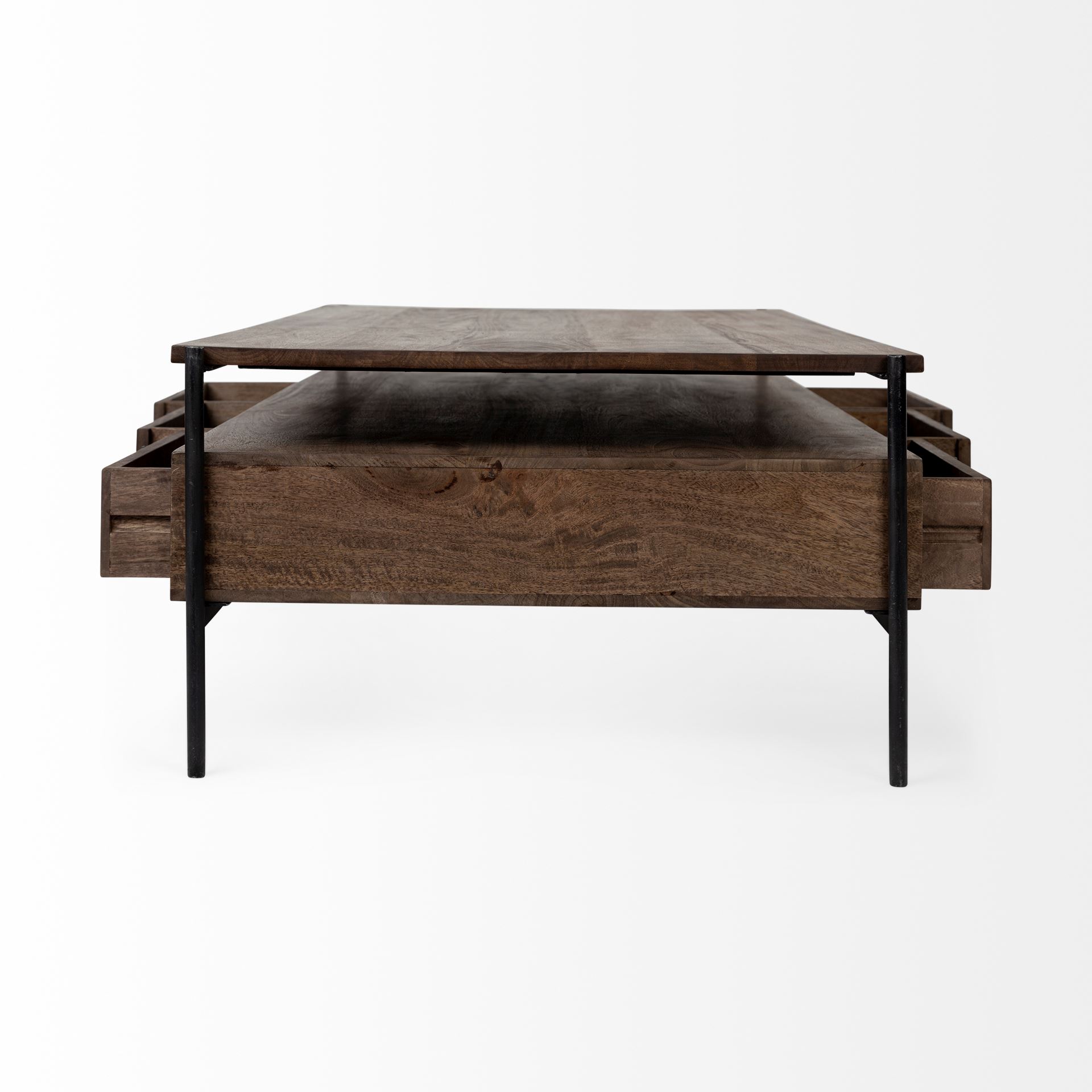 glenn ii 54x30 dark brown wood w/ black iron frame, rectangle 3 drawers coffee table
