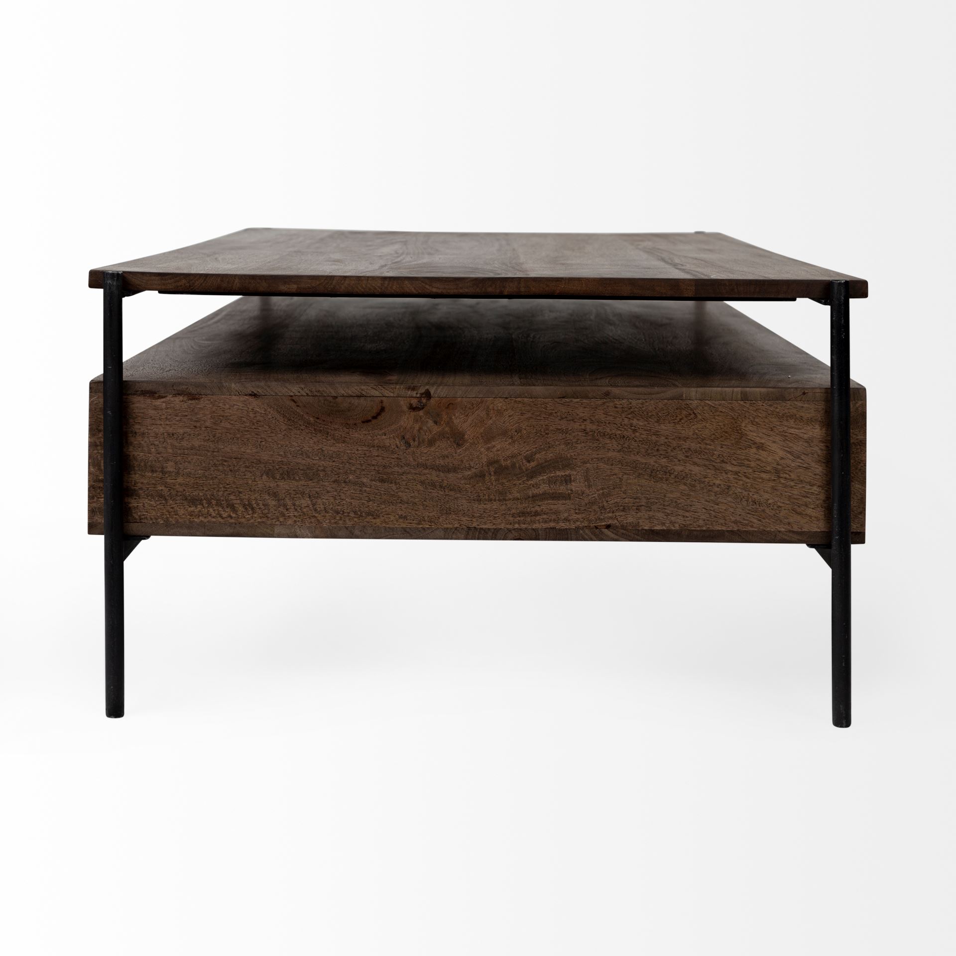 glenn ii 54x30 dark brown wood w/ black iron frame, rectangle 3 drawers coffee table
