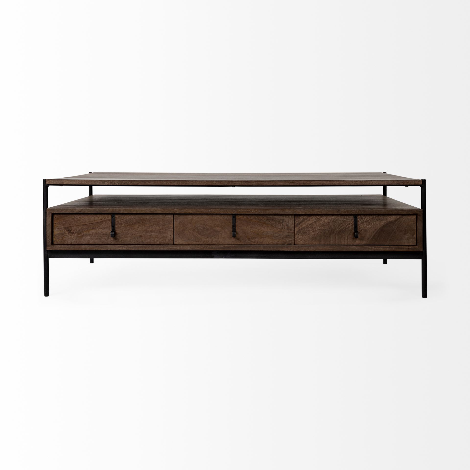 glenn ii 54x30 dark brown wood w/ black iron frame, rectangle 3 drawers coffee table