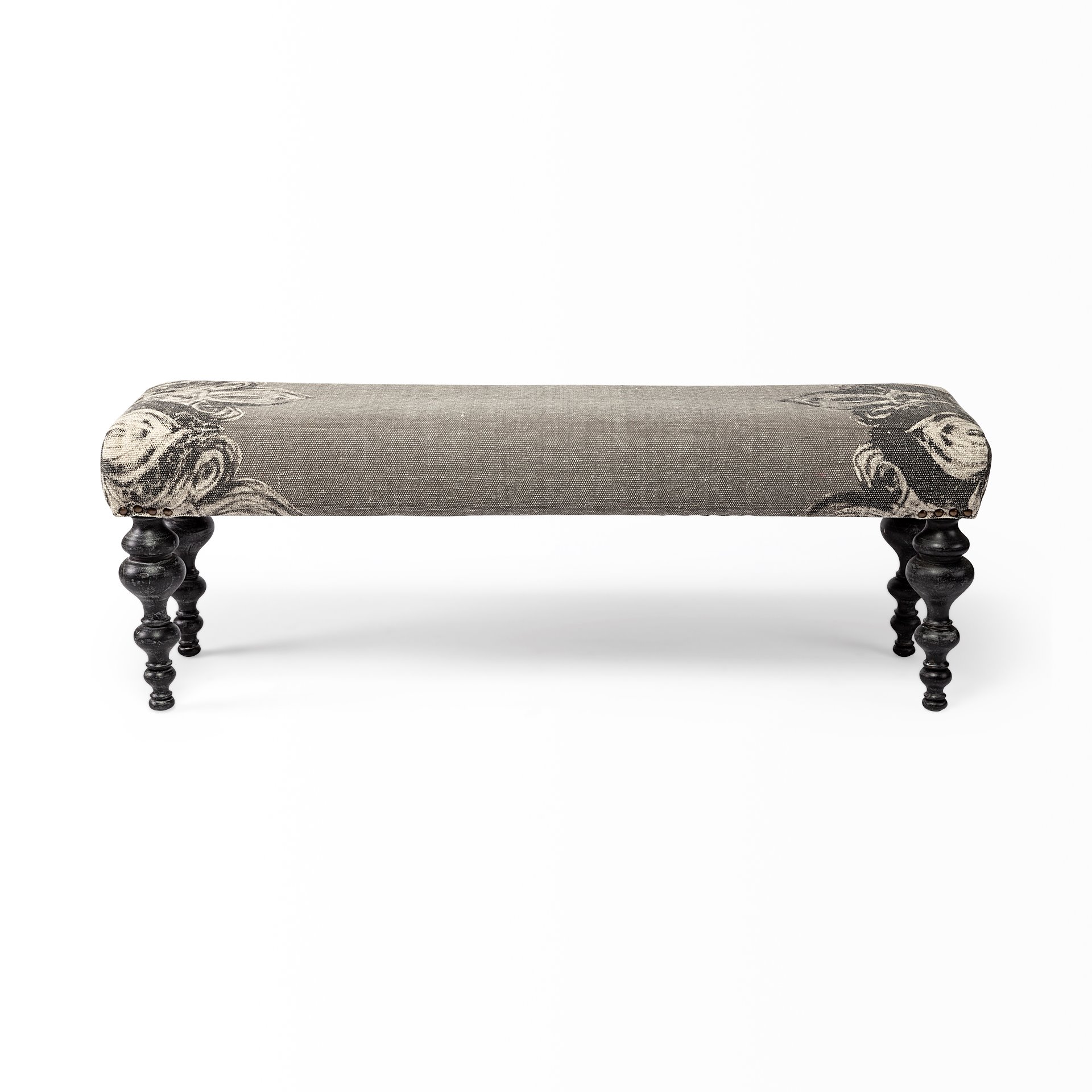alhambra 55l x 14w upholstered gray seat w/black wood legs accent bench