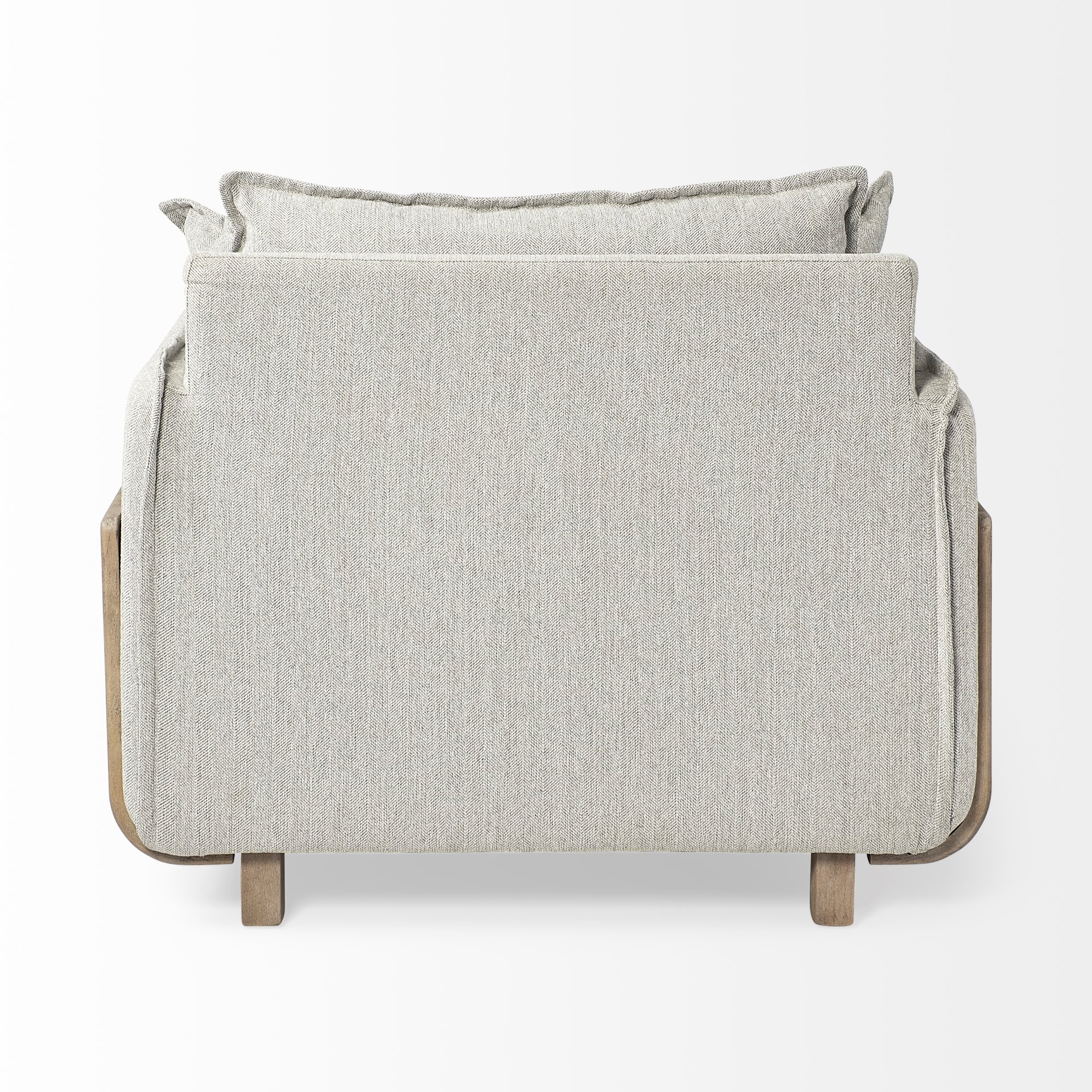 roy ii frost gray upholstered and brown wood frame arm chair