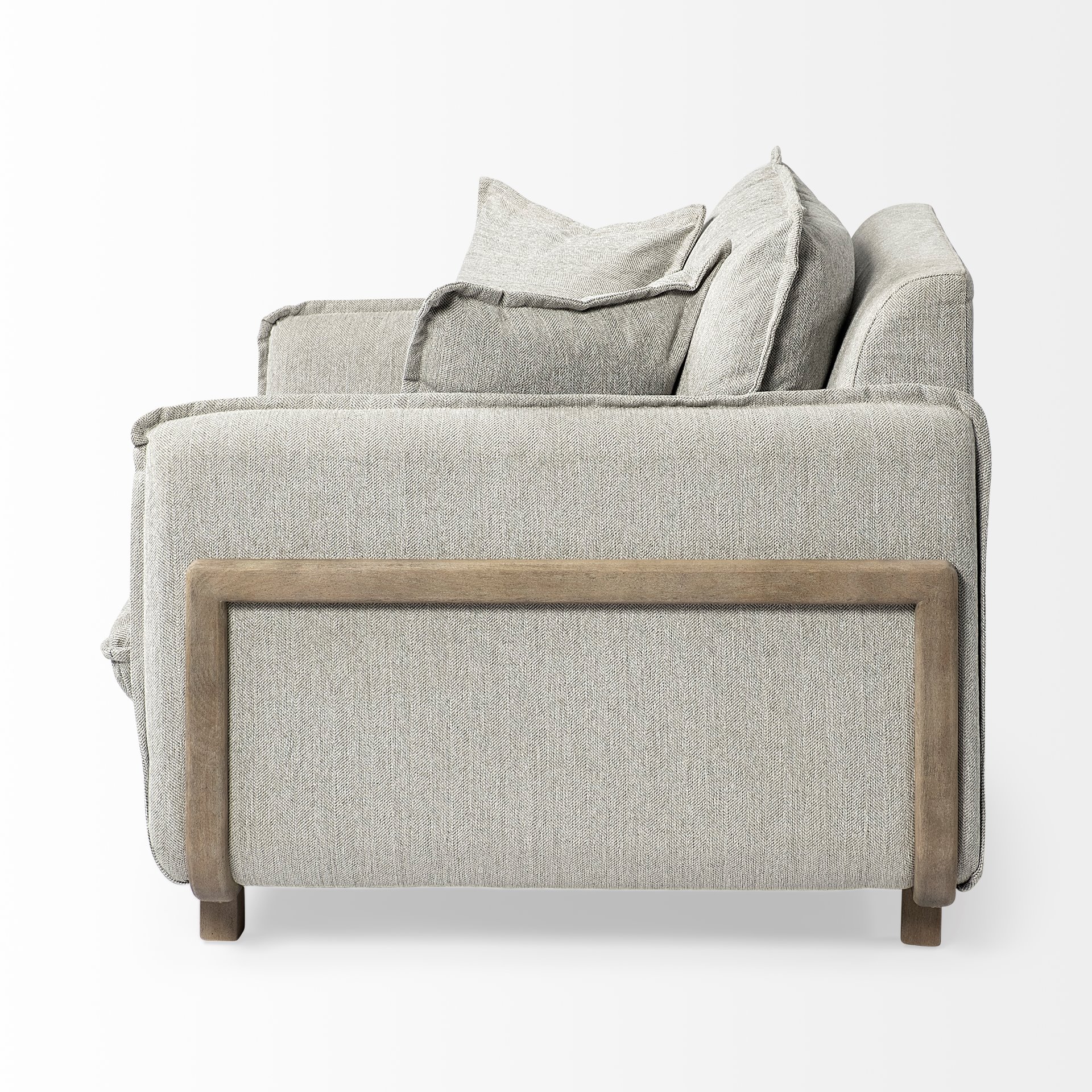 roy ii frost gray upholstered and brown wood frame arm chair