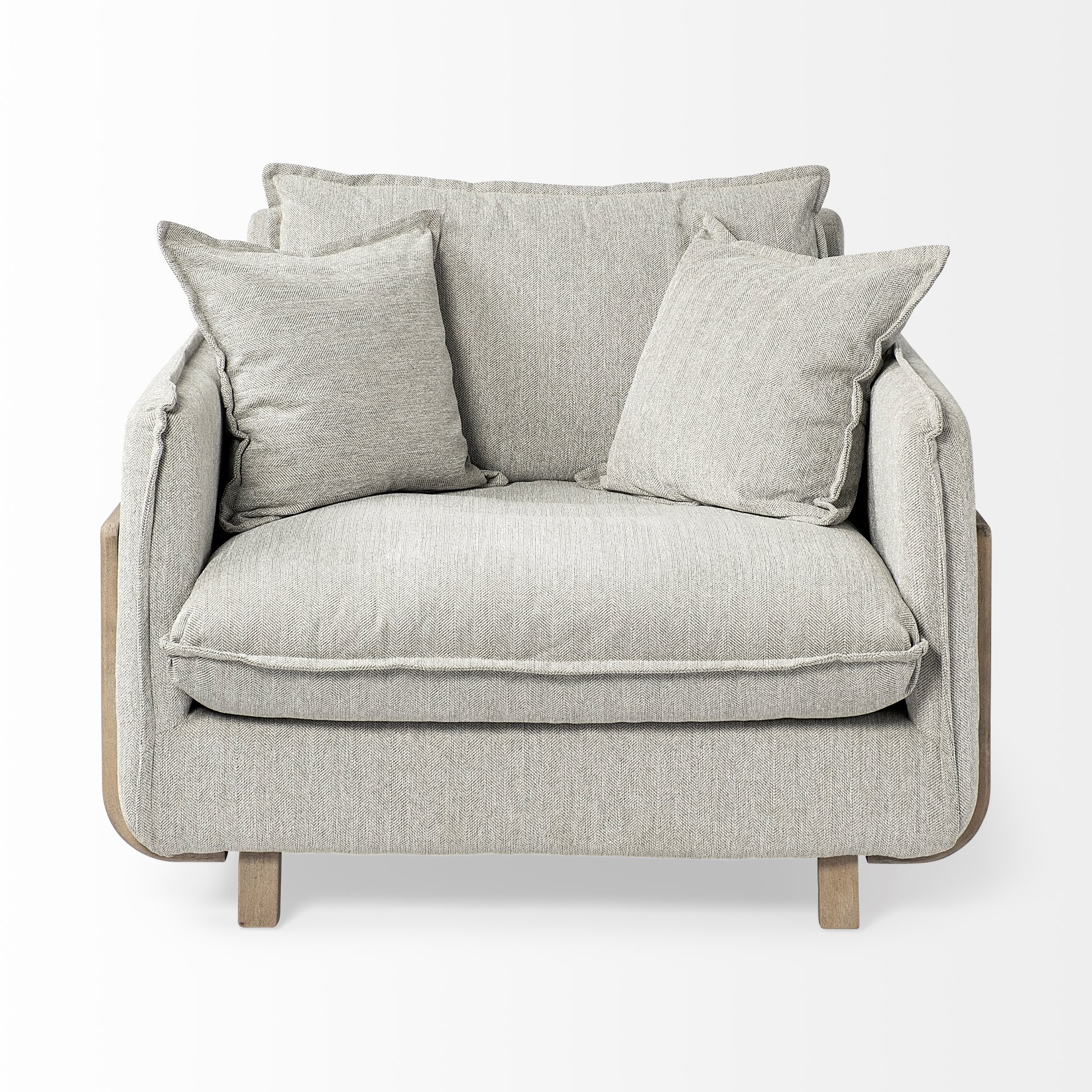 roy ii frost gray upholstered and brown wood frame arm chair
