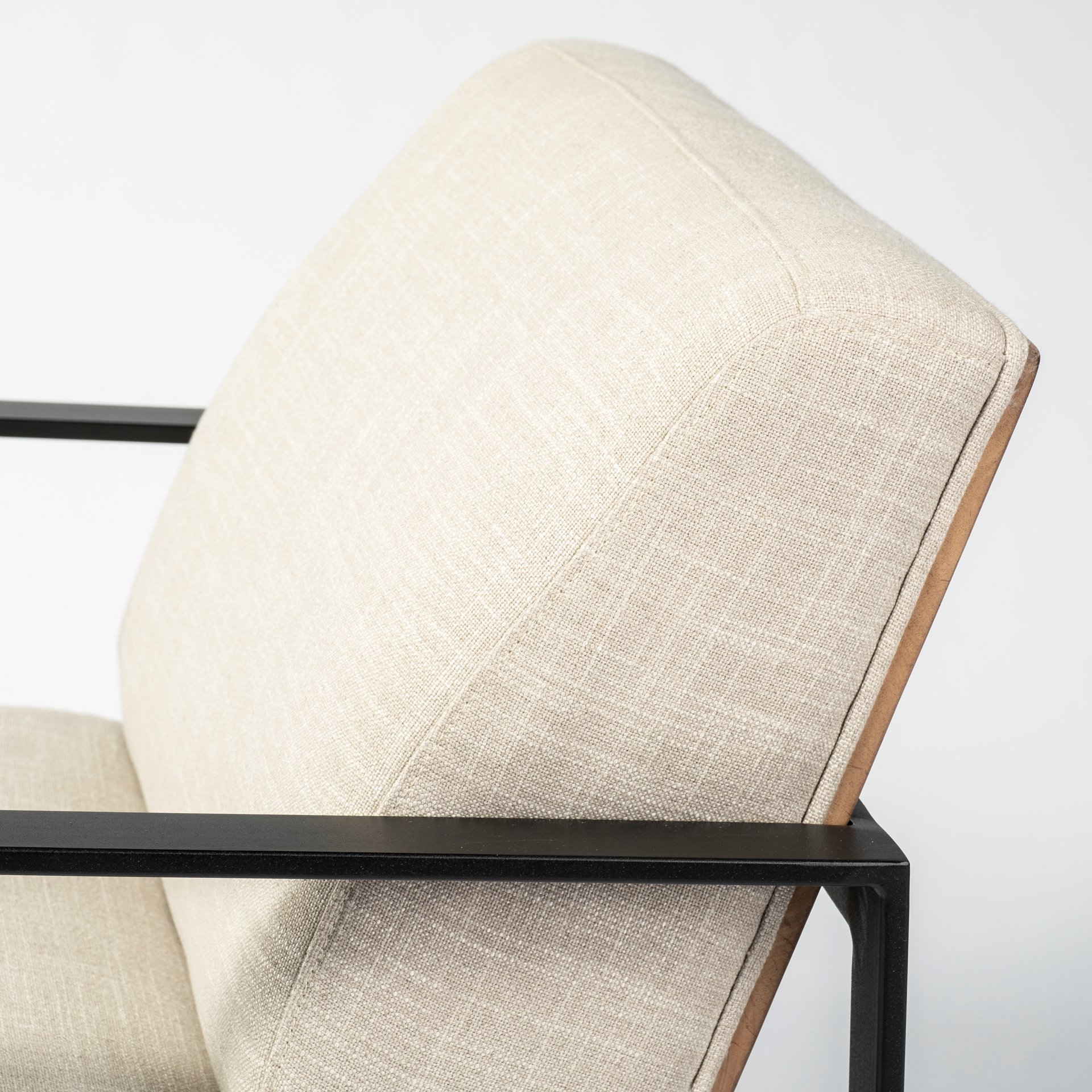 stamford light beige upholstered seat w/ wood back, metal frame accent chair