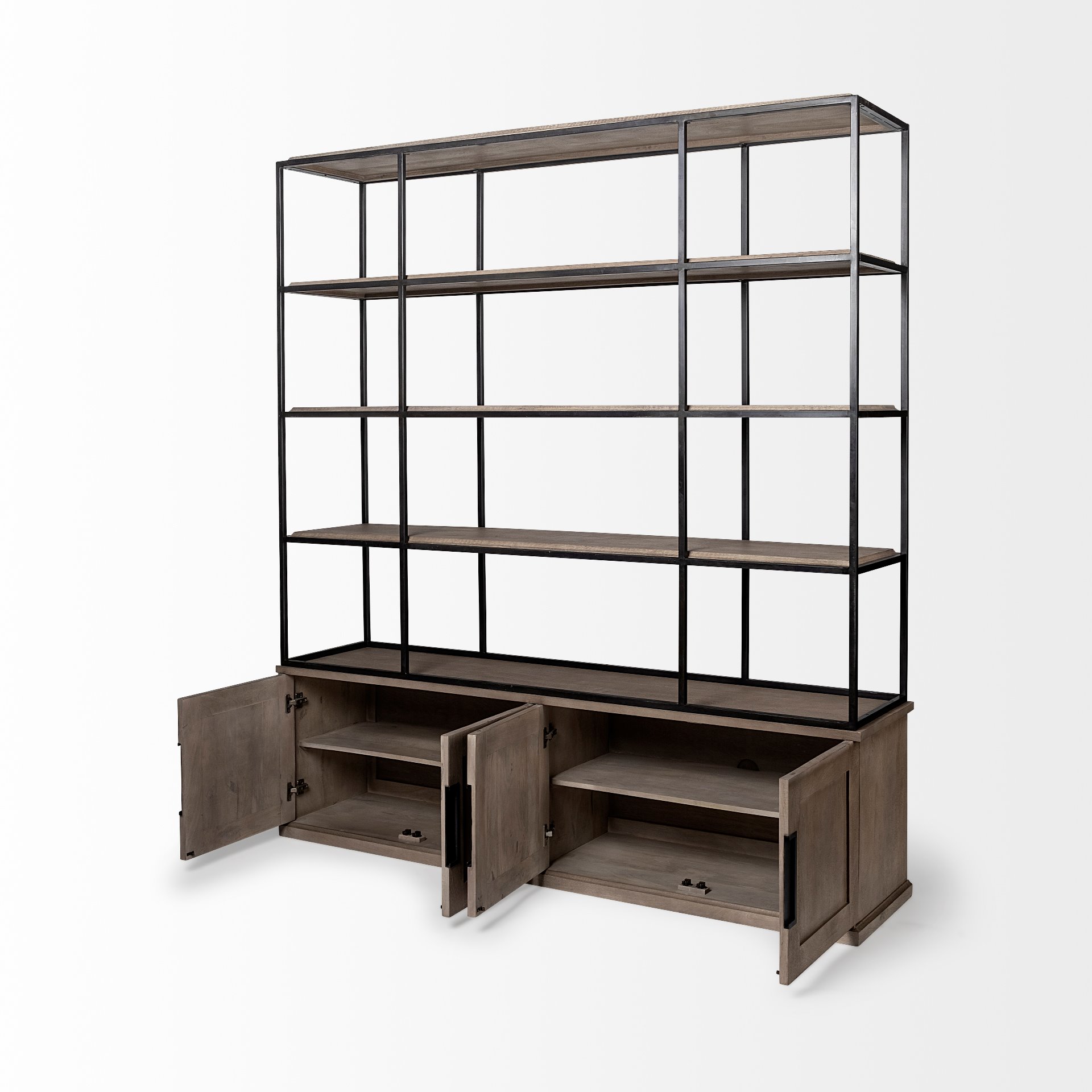 braxton i light brown wood and iron three shelf shelving unit 81.5l x 18.5w x 90