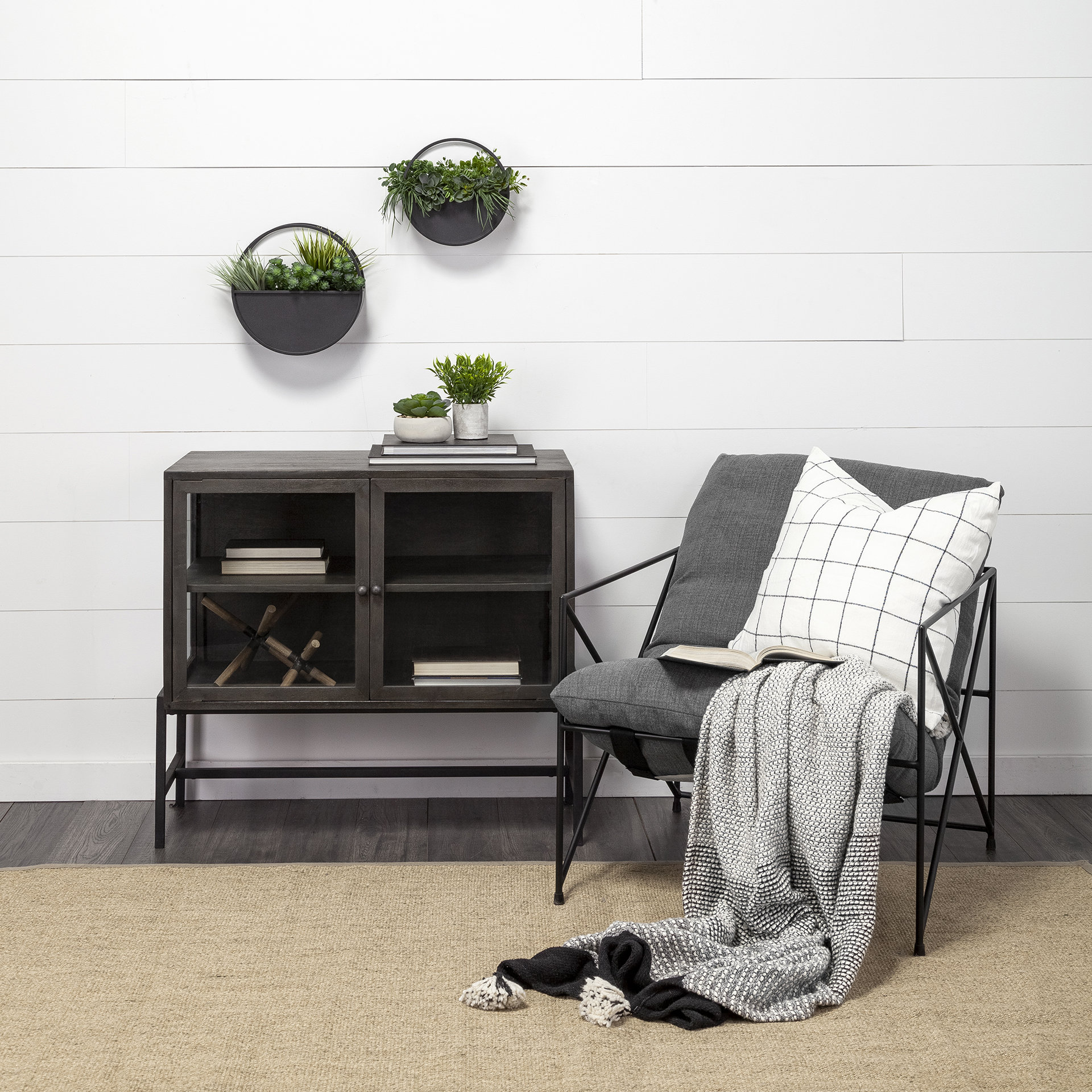 arelius 36l x 18w black-brown wood, black metal base w/ 2 glass doors accent cabinet