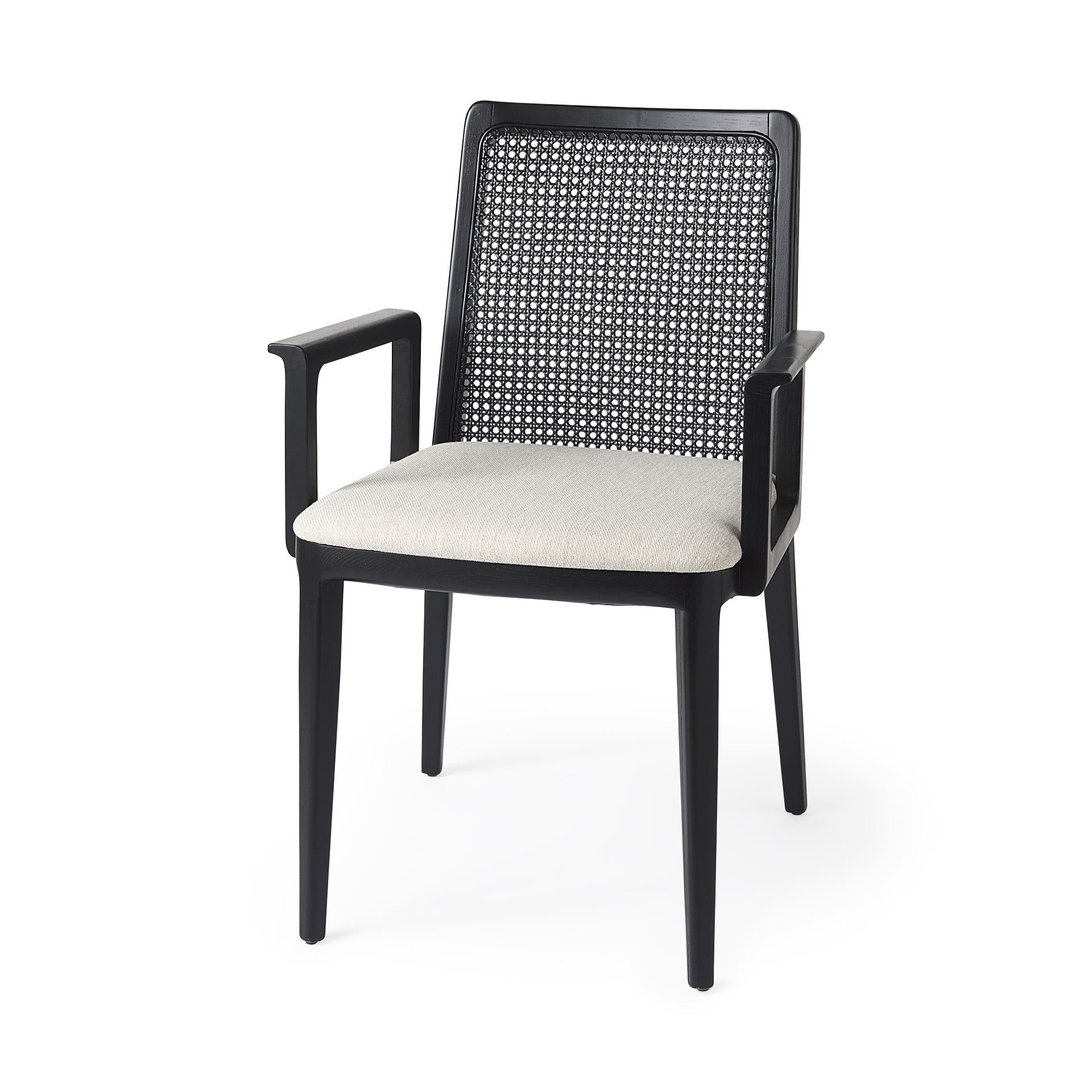 clara black wood w/ cream fabric seat and cane back dining chair