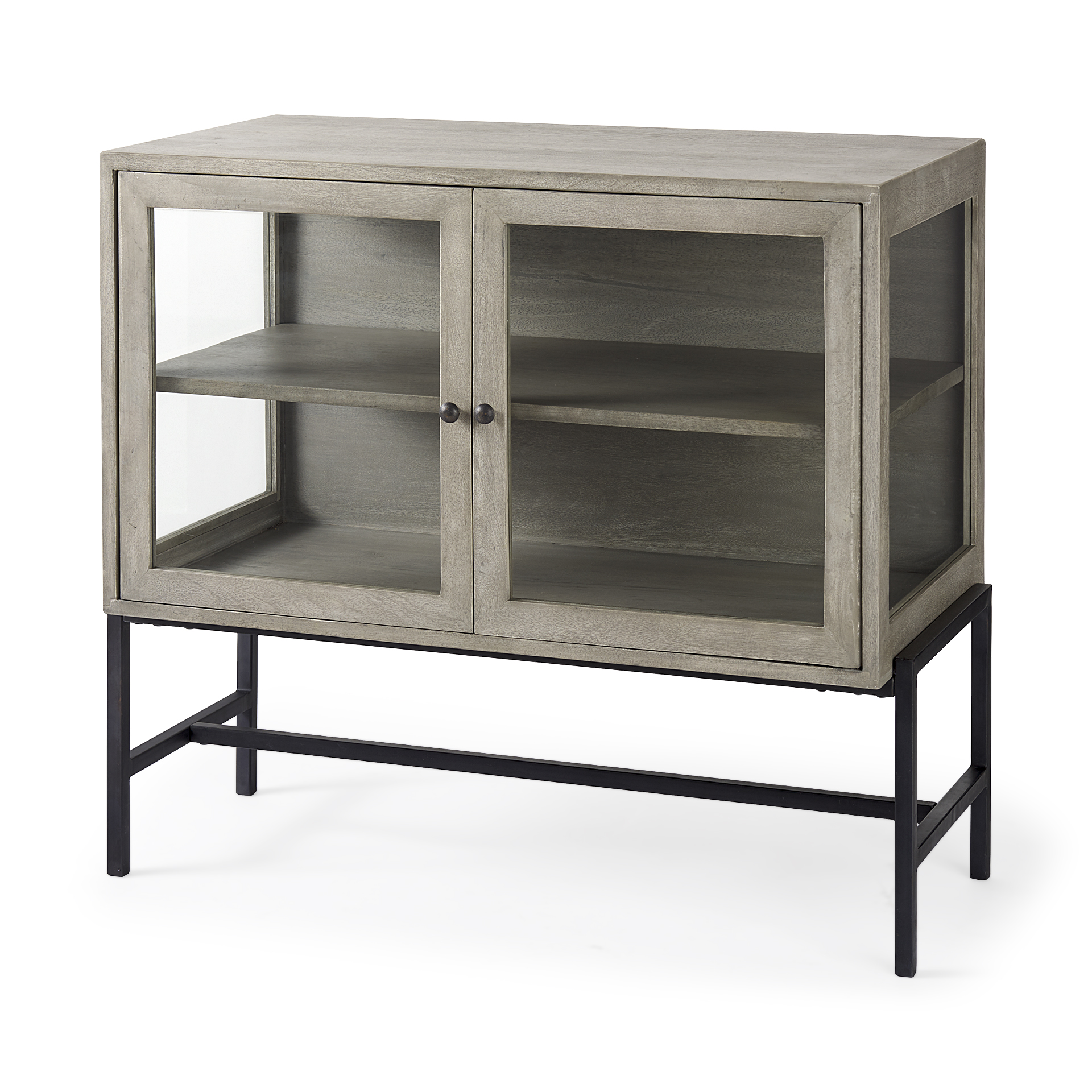 arelius 36l x 18w x 32h gray wood, black metal base w/ 2 glass doors accent cabinet