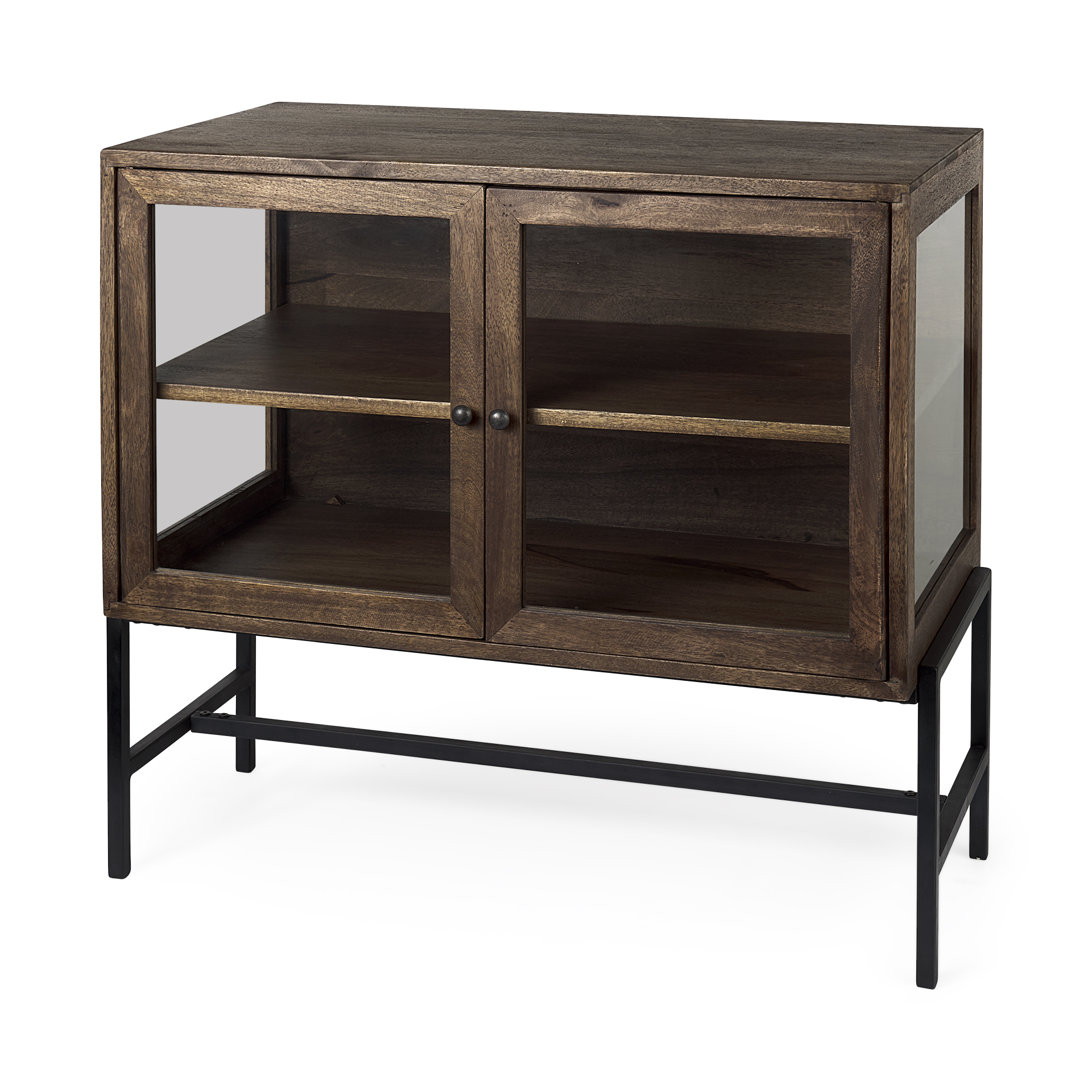 arelius 36l x 18w x 32h medium brown wood, black metal base w/ 2 glass doors accent cabinet