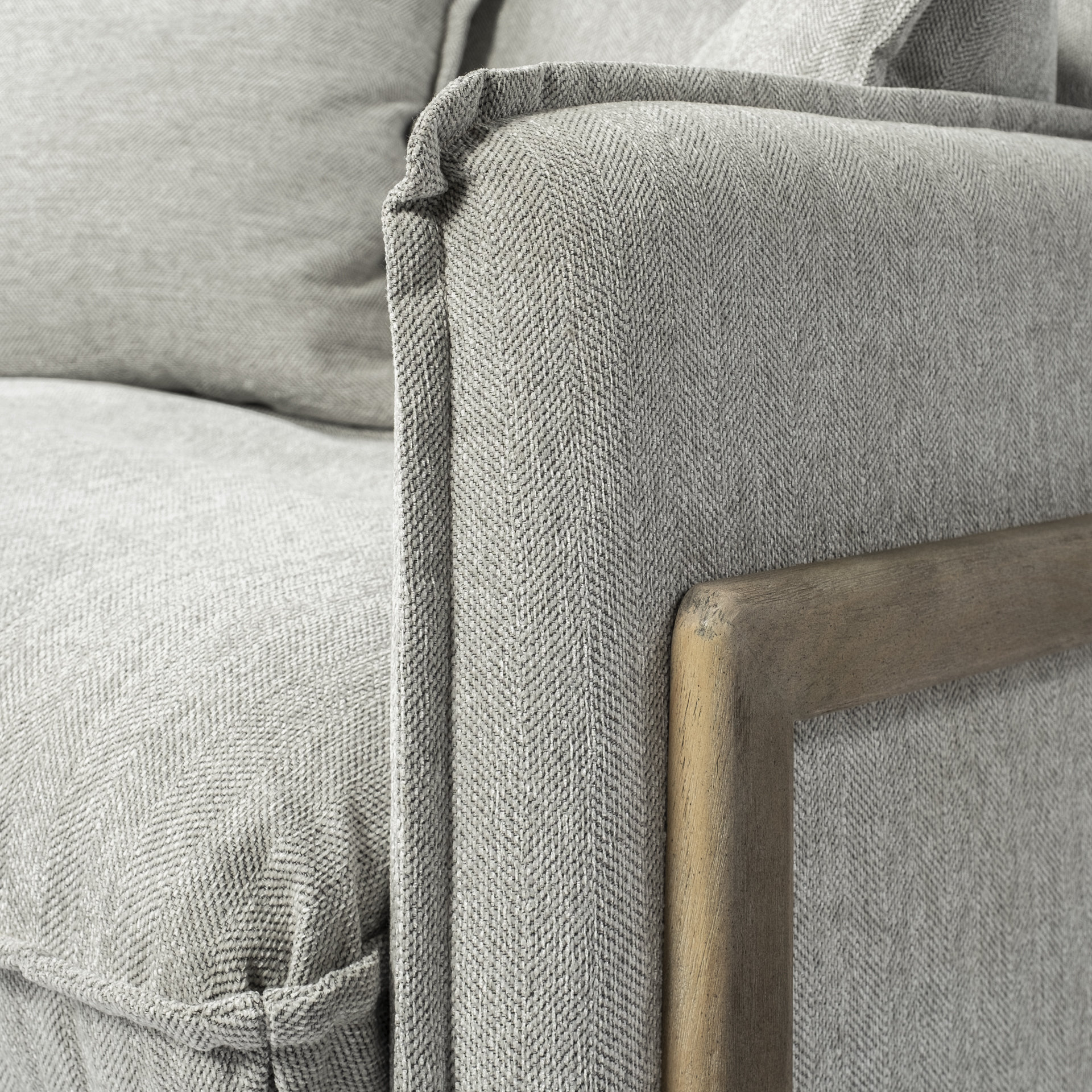roy ii frost gray upholstered and brown wood frame arm chair
