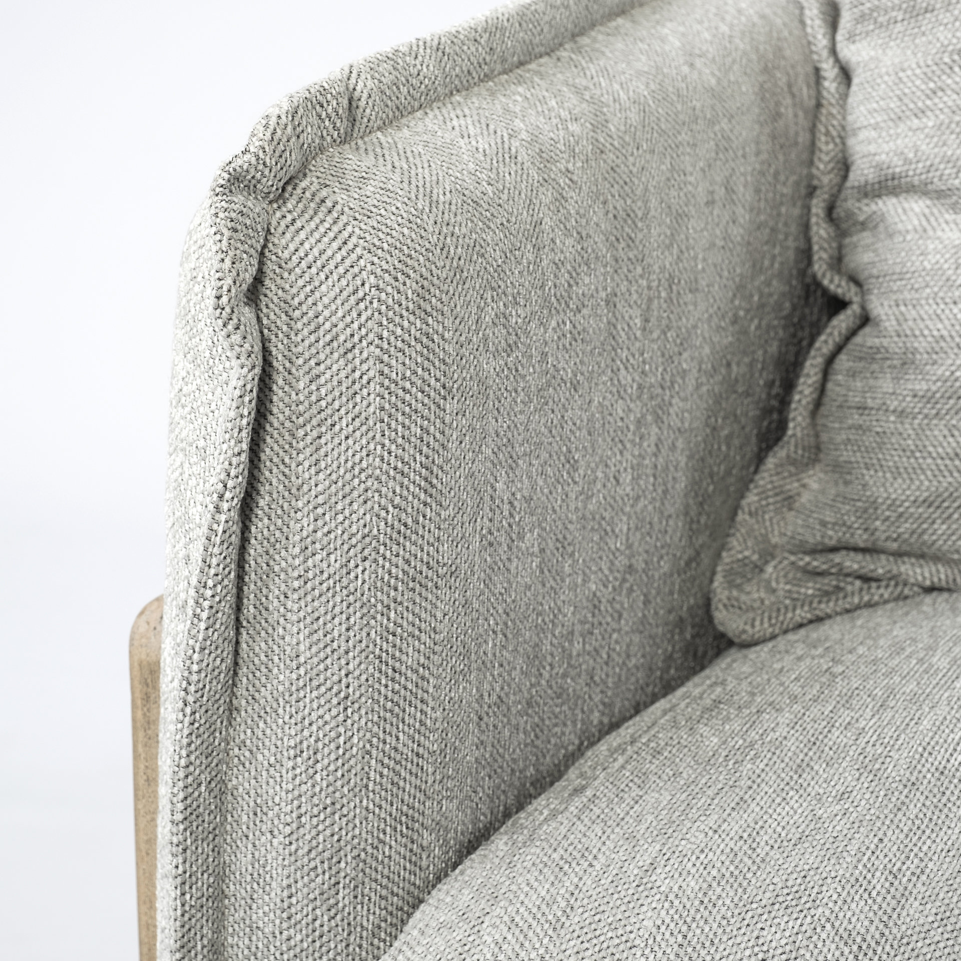 roy ii frost gray upholstered and brown wood frame arm chair