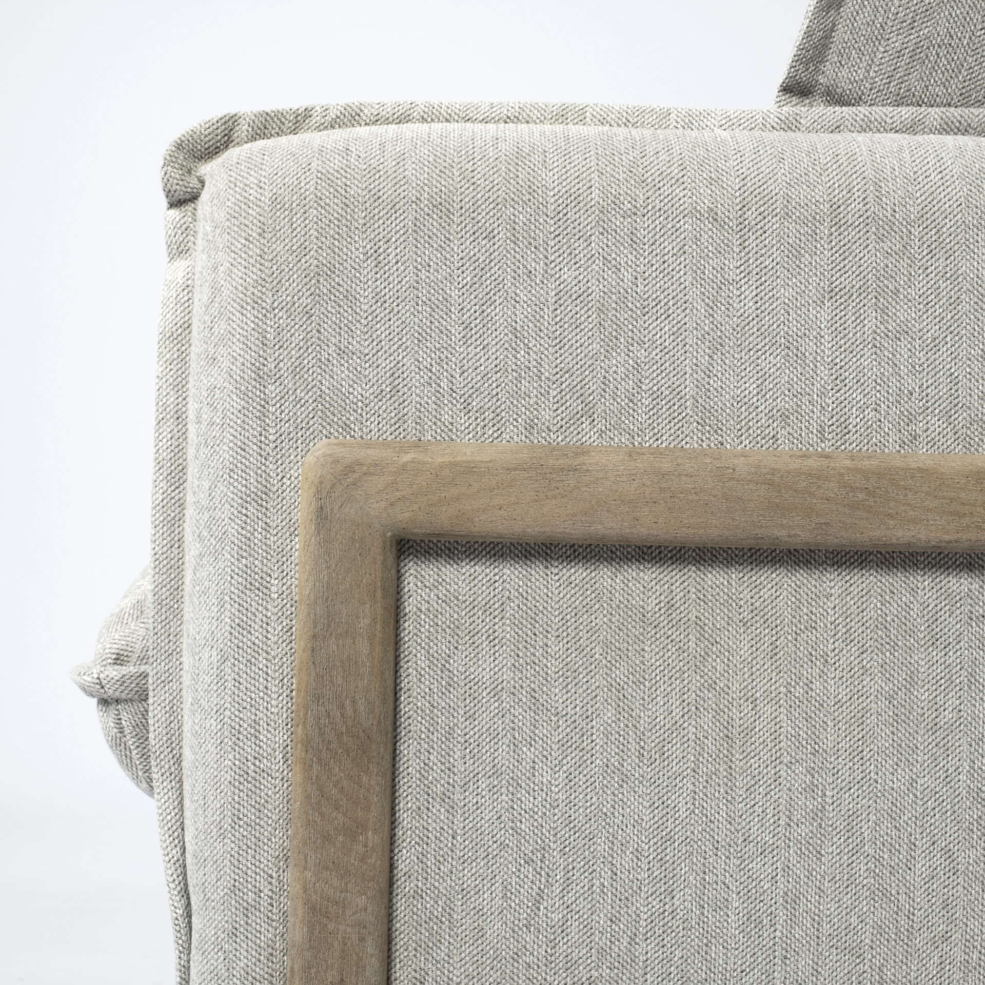 roy ii frost gray upholstered and brown wood frame arm chair