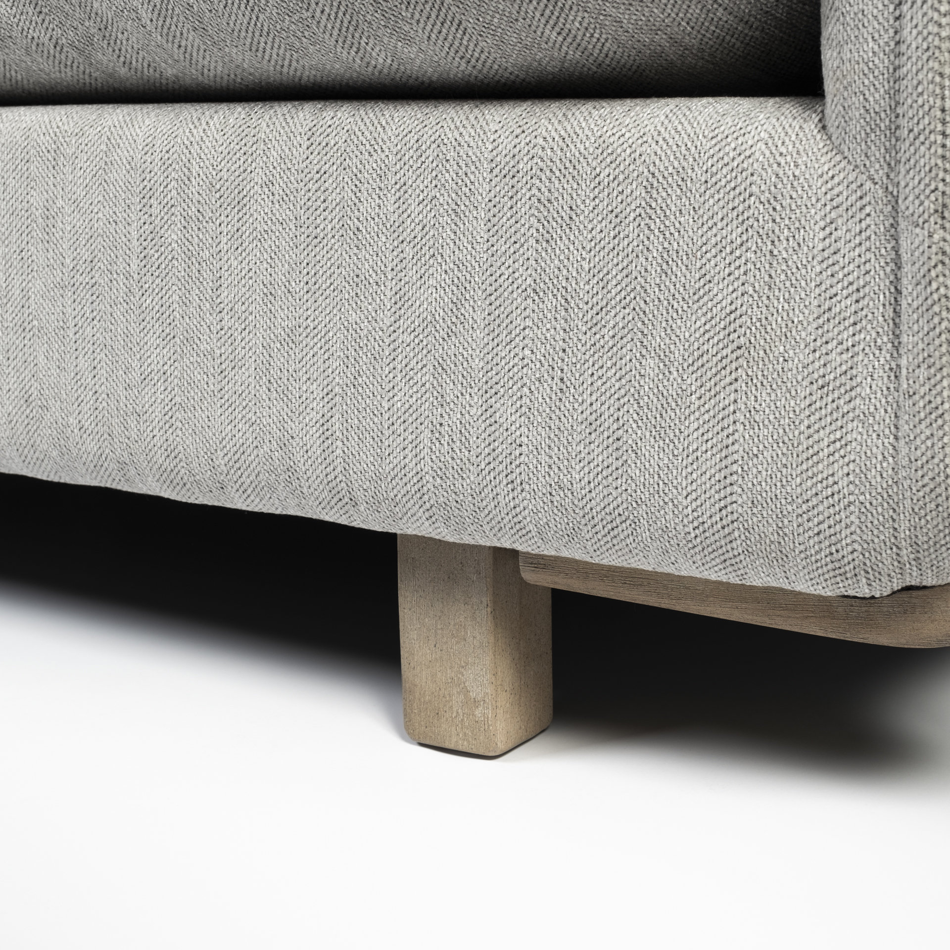 roy ii frost gray upholstered and brown wood frame arm chair
