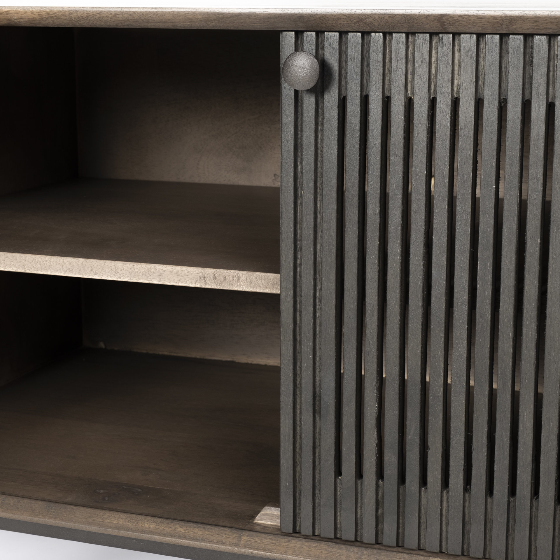 grace i two-toned brown solid wood tv stand media console with slated doors, tv up to 82