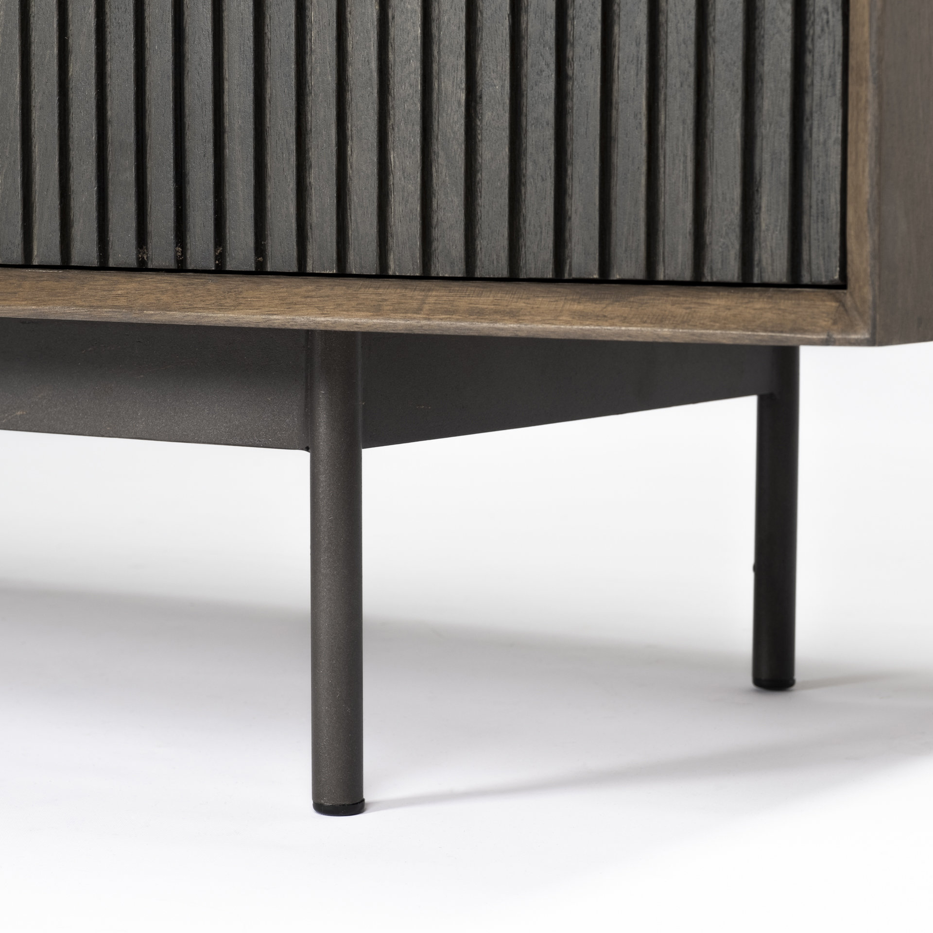 grace i two-toned brown solid wood tv stand media console with slated doors, tv up to 82