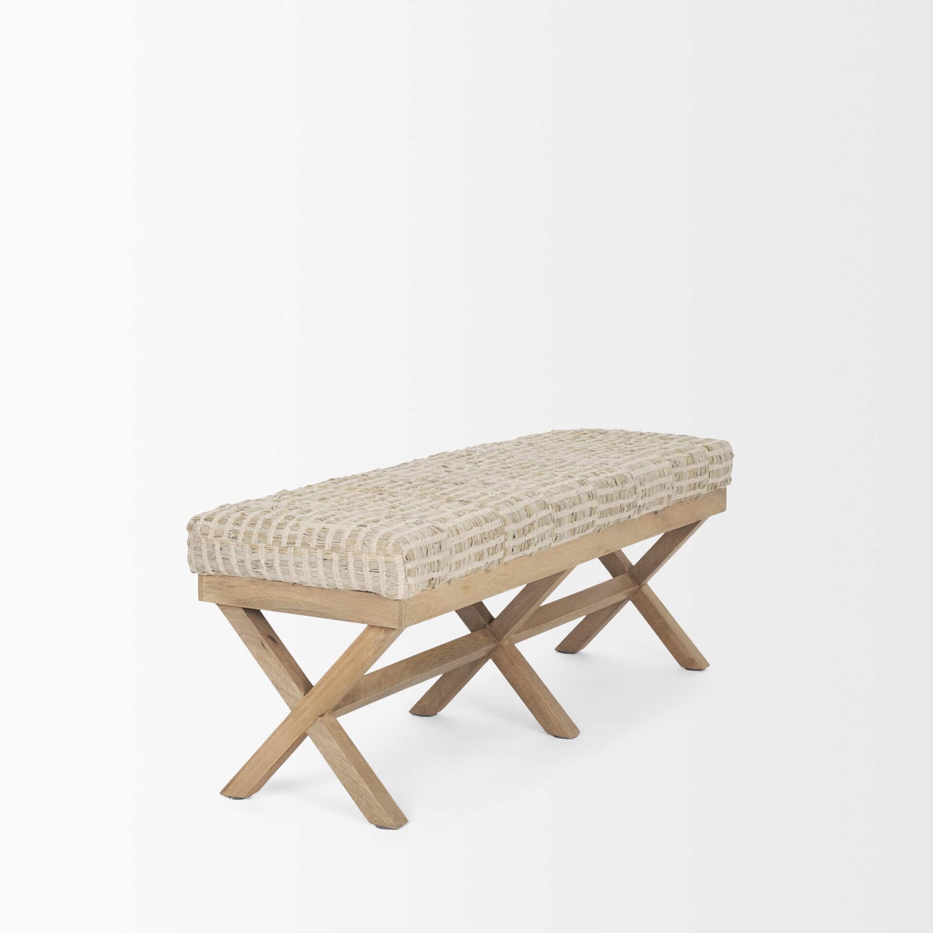 solis ii 50l x 16w brown base beige woven leather cushion accent bench