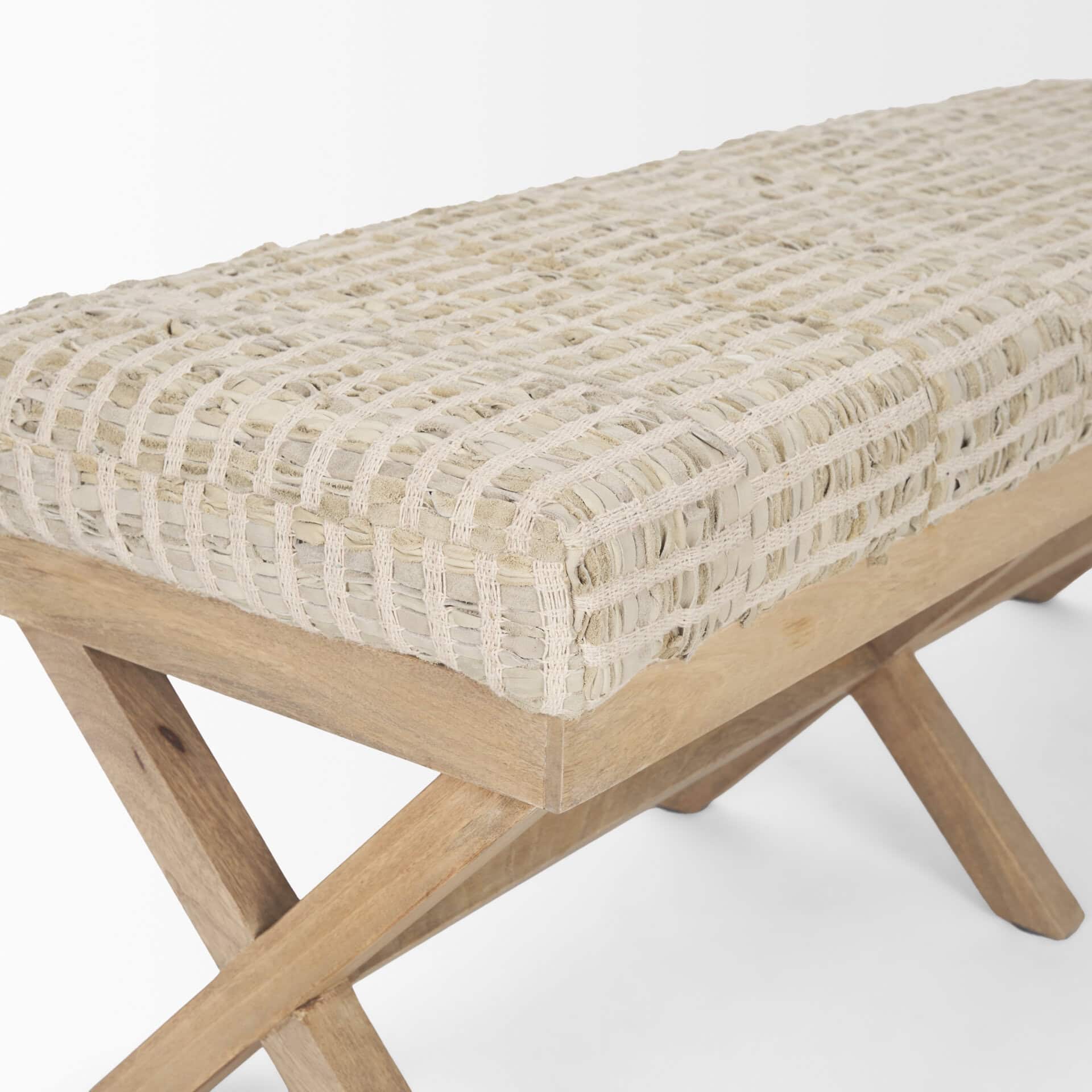 solis ii 50l x 16w brown base beige woven leather cushion accent bench