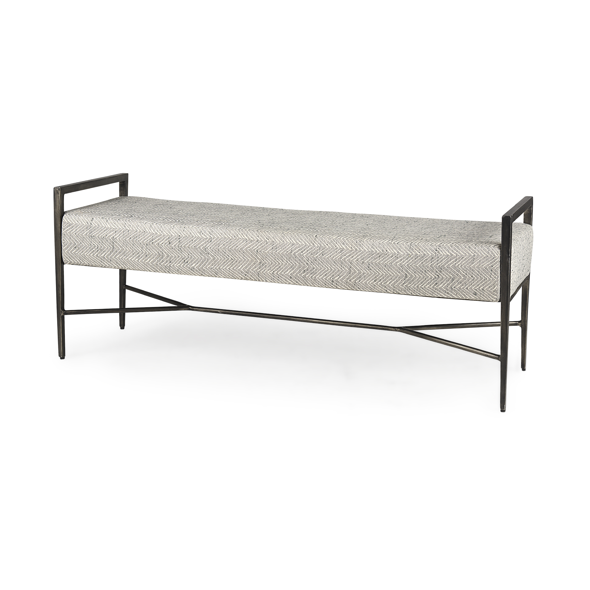 charlotte 55.0l gray herringbone fabric seat w/ antique nickel metal frame bench