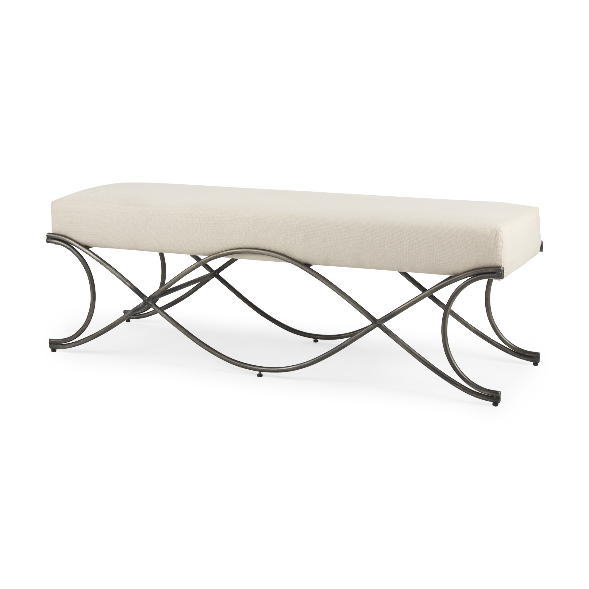 ayla 55l x 17.6w x 18h cream fabric seat w/ antique nickel frame bench