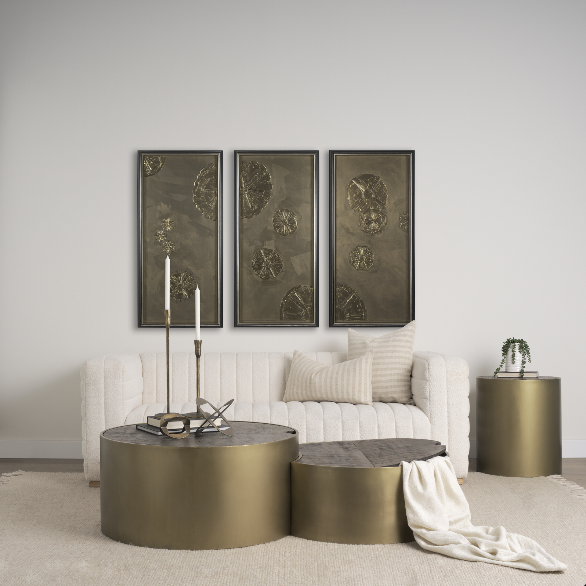eclipse antique brass metal drum base w/ dark brown wood top nested coffee table