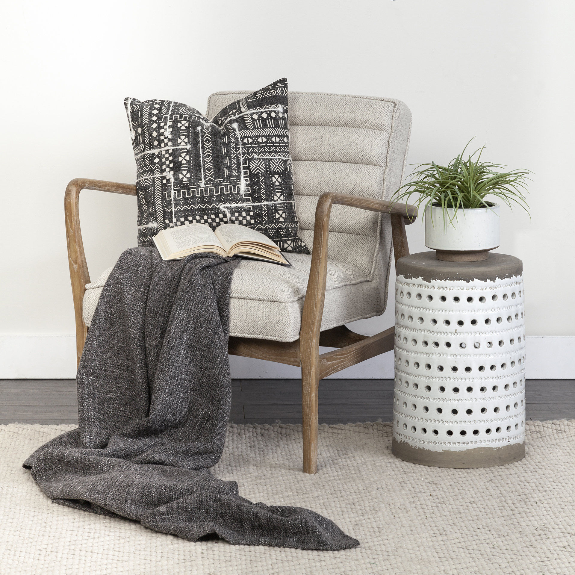 ajax ii cream fabric w/ brown wooden frame accent chair