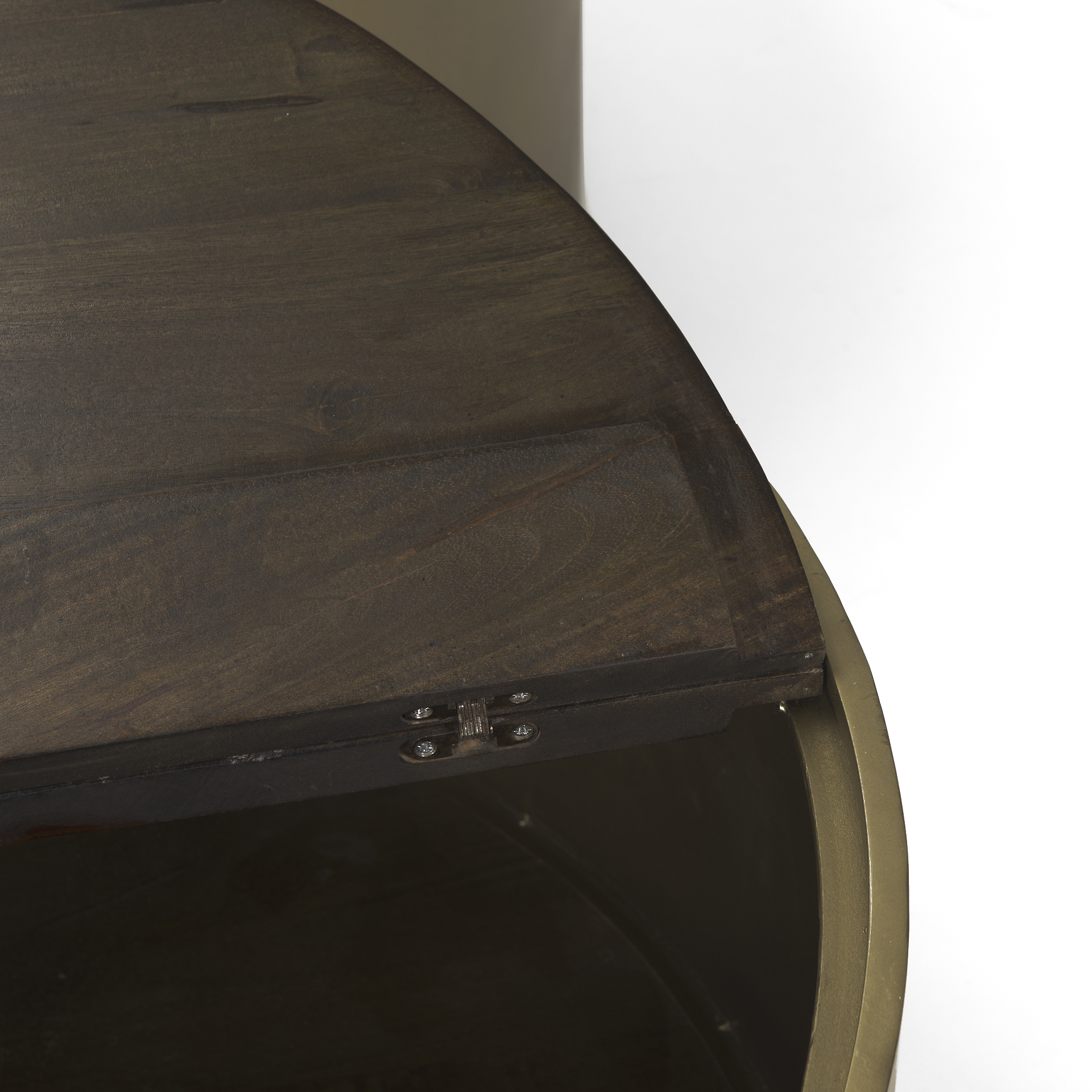 eclipse antique brass metal drum base w/ dark brown wood top nested coffee table