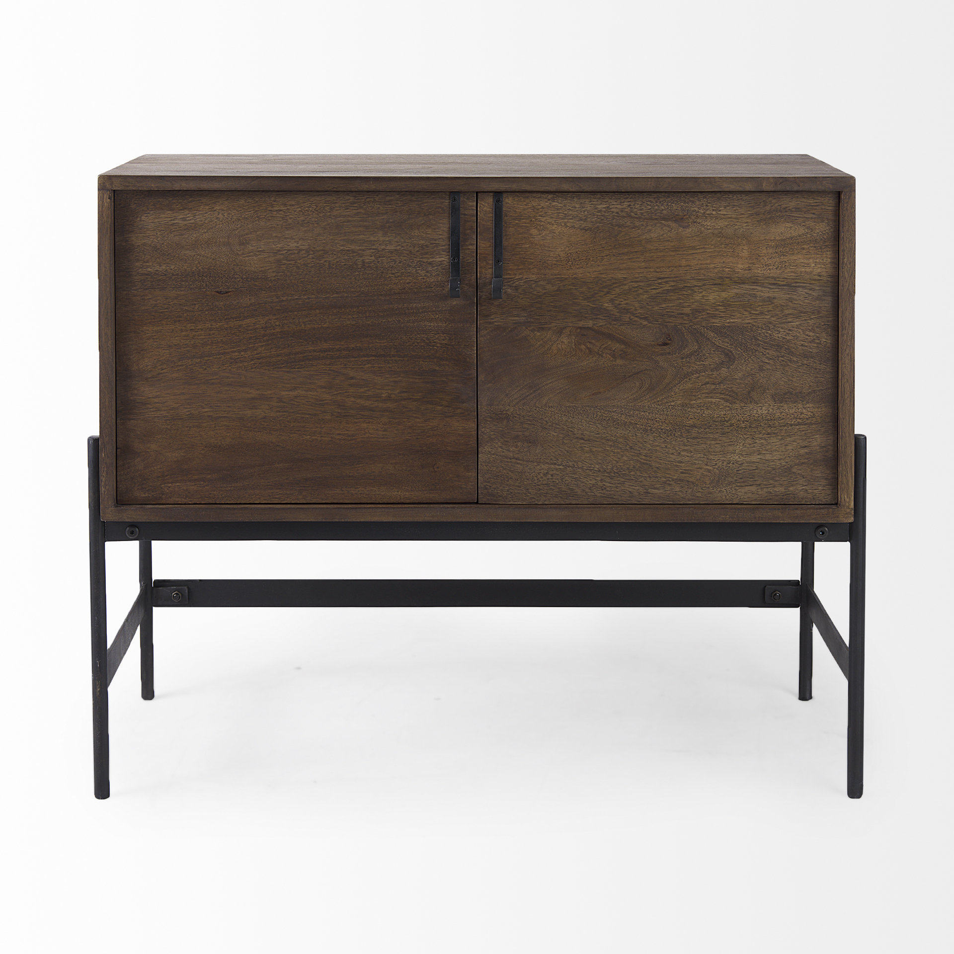 glenn 38l x 16w x 30h dark brown wood w/ black iron frame, 2 door accent cabinet