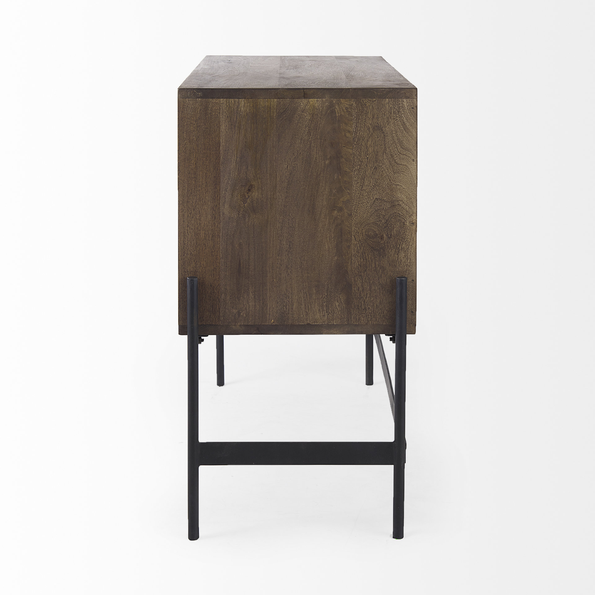 glenn 38l x 16w x 30h dark brown wood w/ black iron frame, 2 door accent cabinet