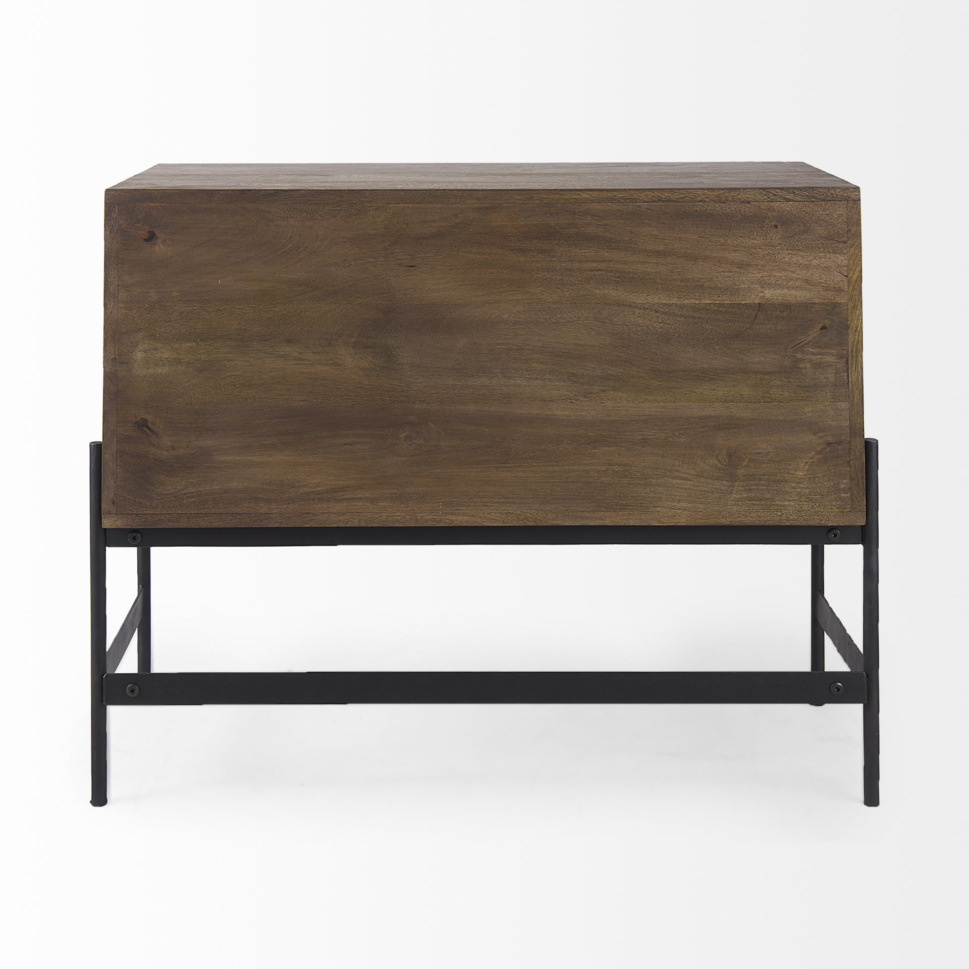 glenn 38l x 16w x 30h dark brown wood w/ black iron frame, 2 door accent cabinet
