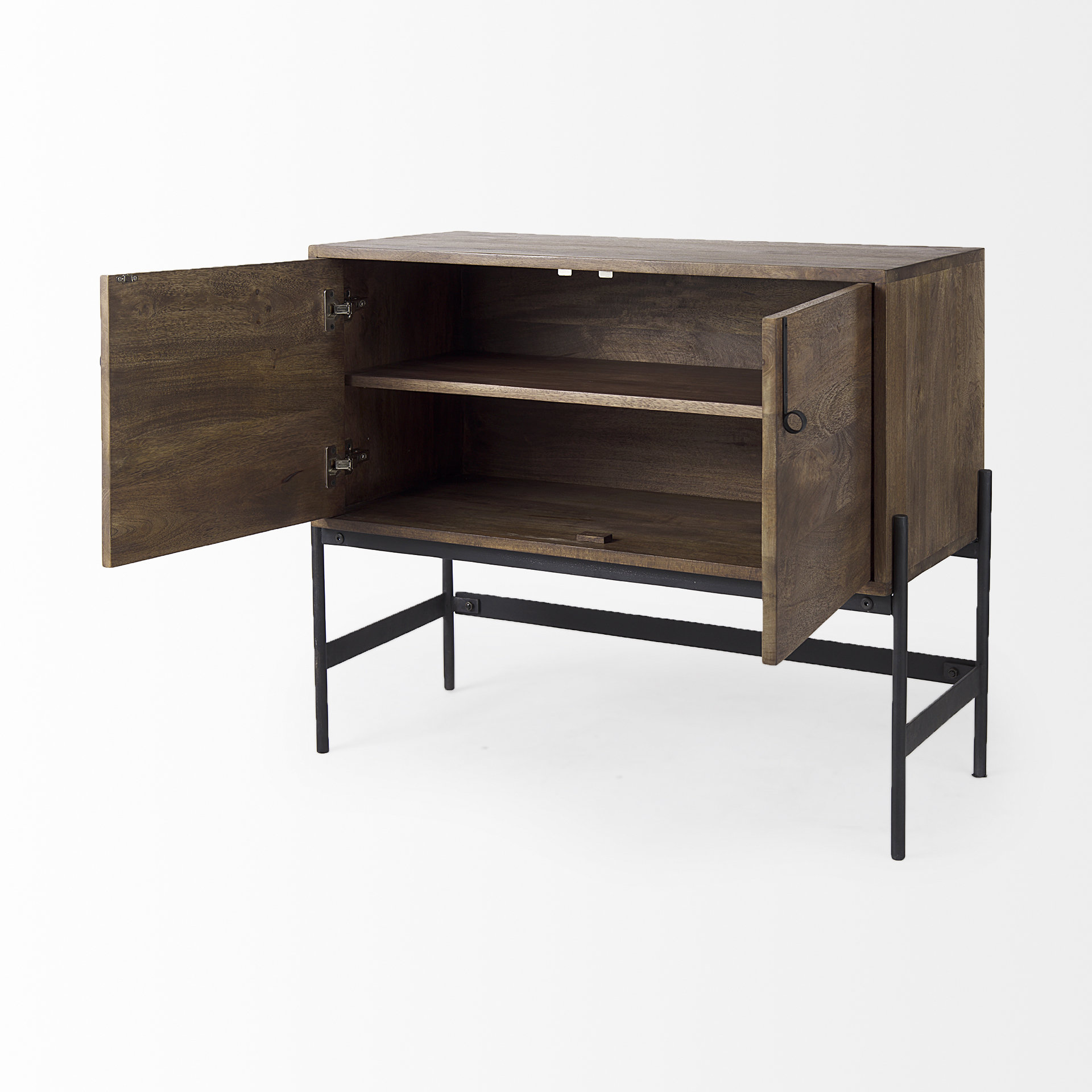 glenn 38l x 16w x 30h dark brown wood w/ black iron frame, 2 door accent cabinet