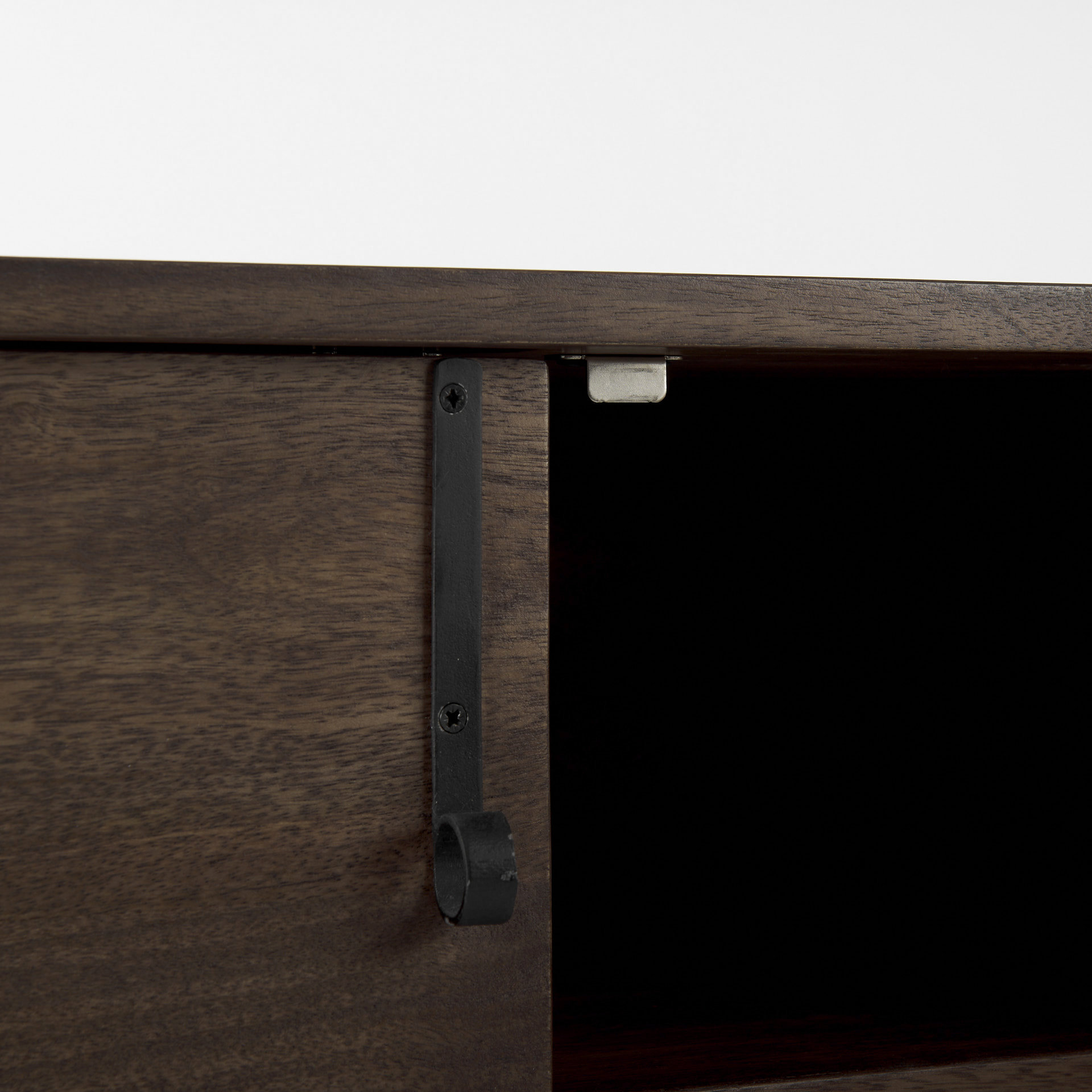 glenn 38l x 16w x 30h dark brown wood w/ black iron frame, 2 door accent cabinet