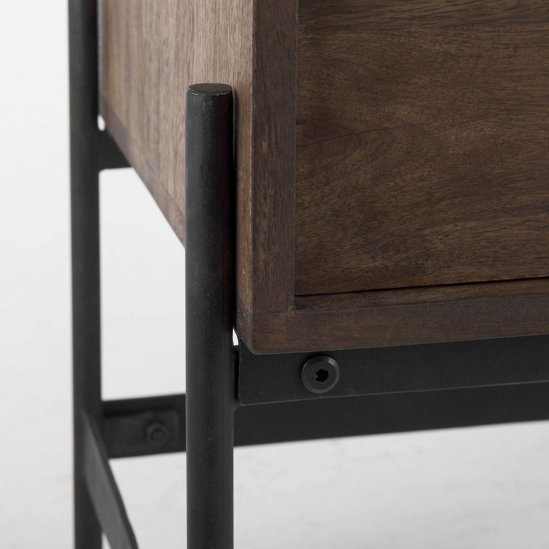 glenn 38l x 16w x 30h dark brown wood w/ black iron frame, 2 door accent cabinet