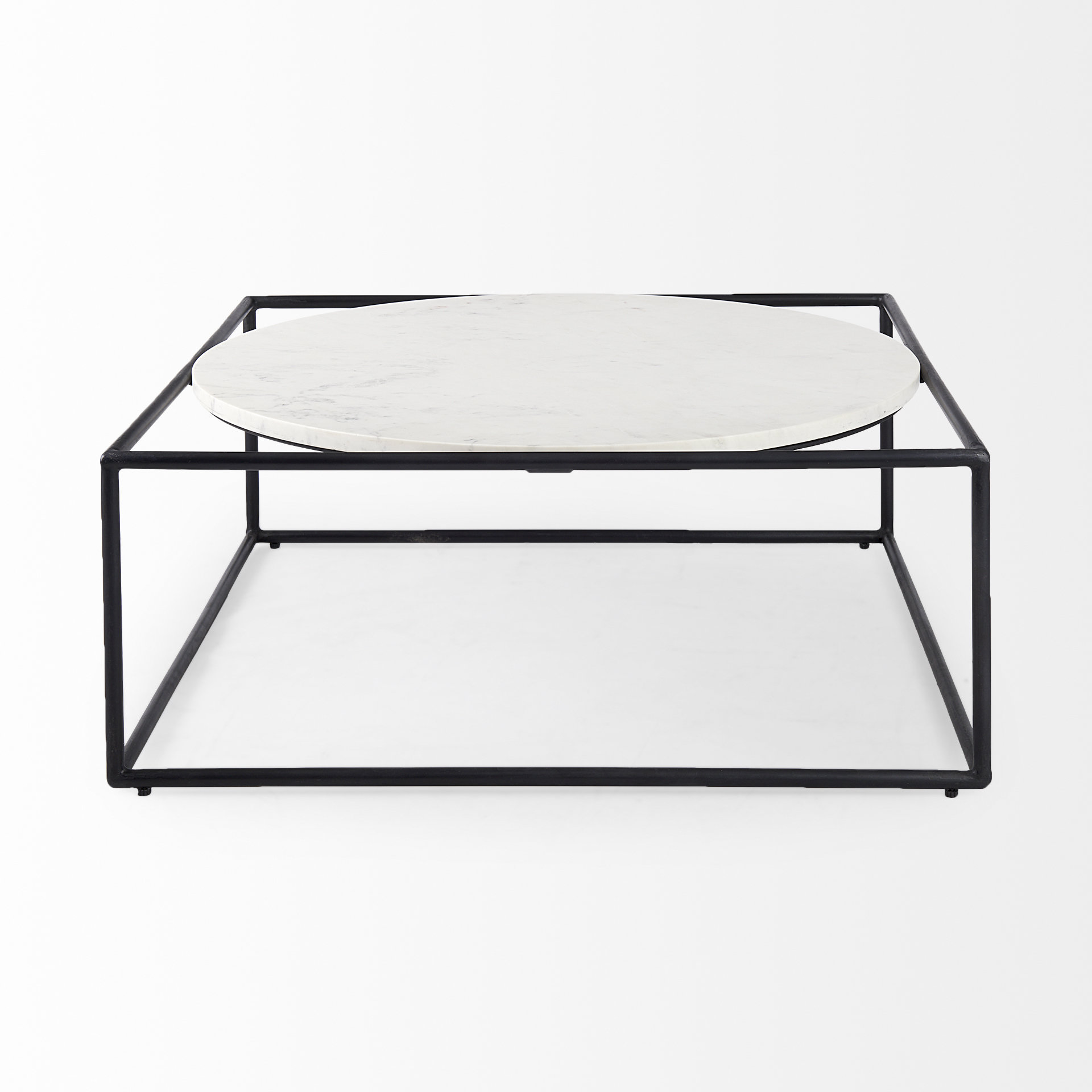 austen 36l x 36w x 14.5h round white marble top w/ black metal frame coffee table