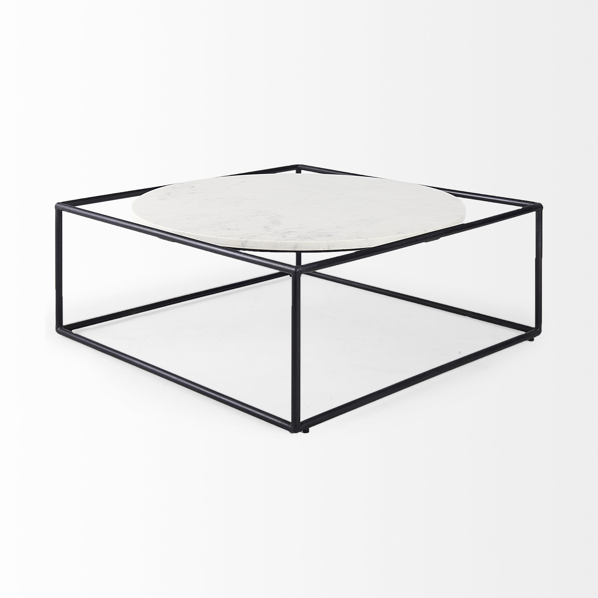 austen 36l x 36w x 14.5h round white marble top w/ black metal frame coffee table