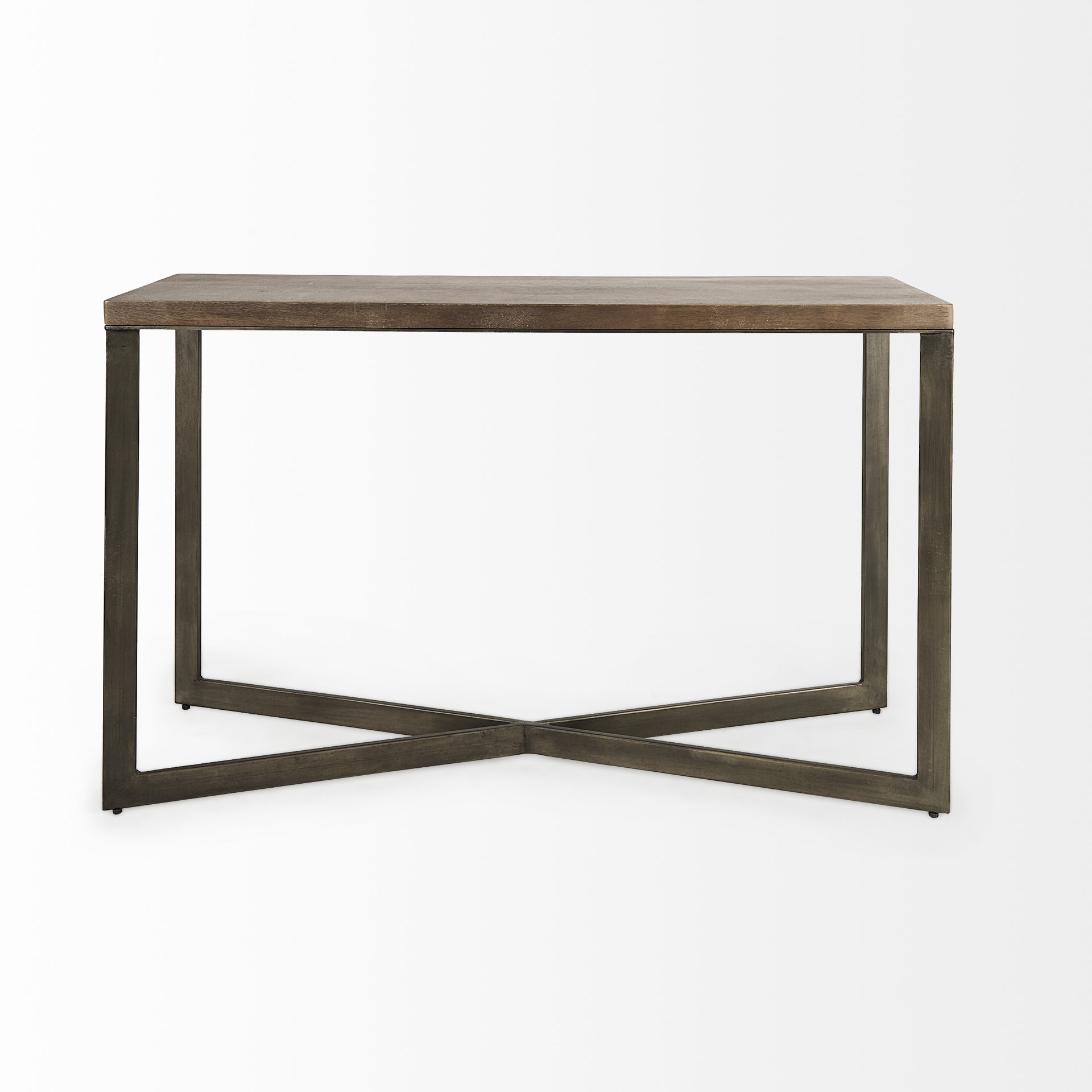 faye 50l x 15w x 30h medium brown wood w/antique nickel metal base console table