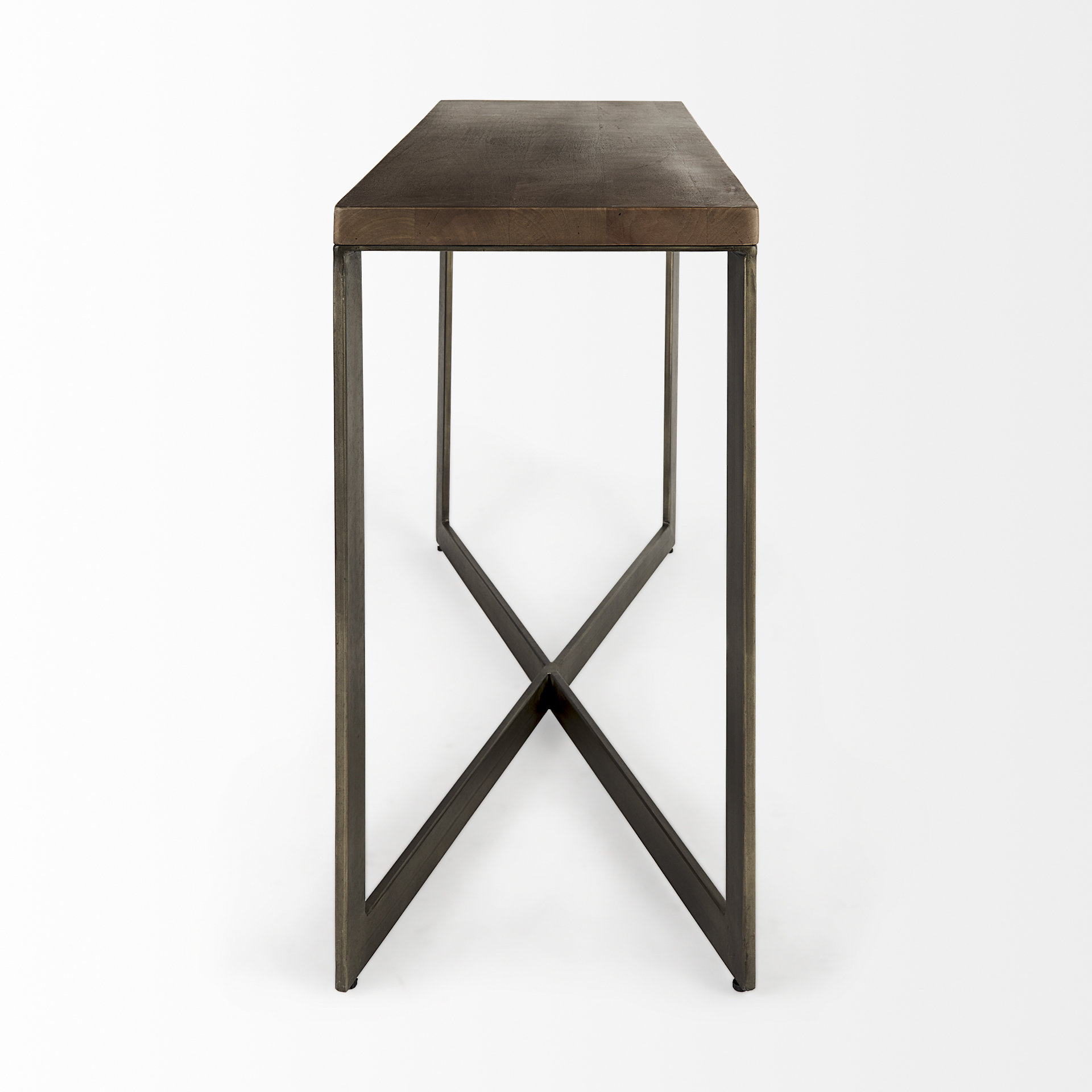 faye 50l x 15w x 30h medium brown wood w/antique nickel metal base console table