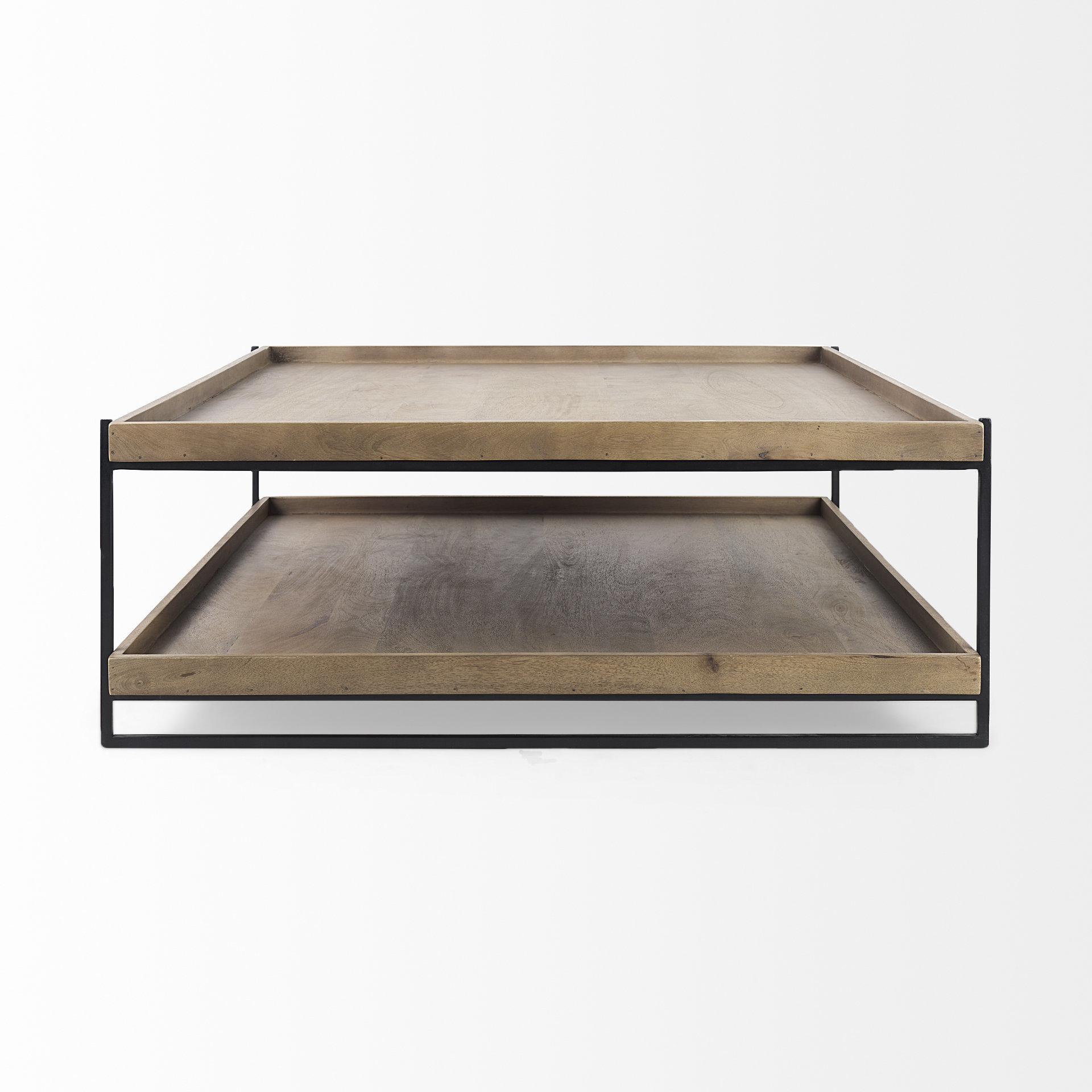 trey 48x46 rectangular brown solid wood top table black metal frame two-tier coffee table