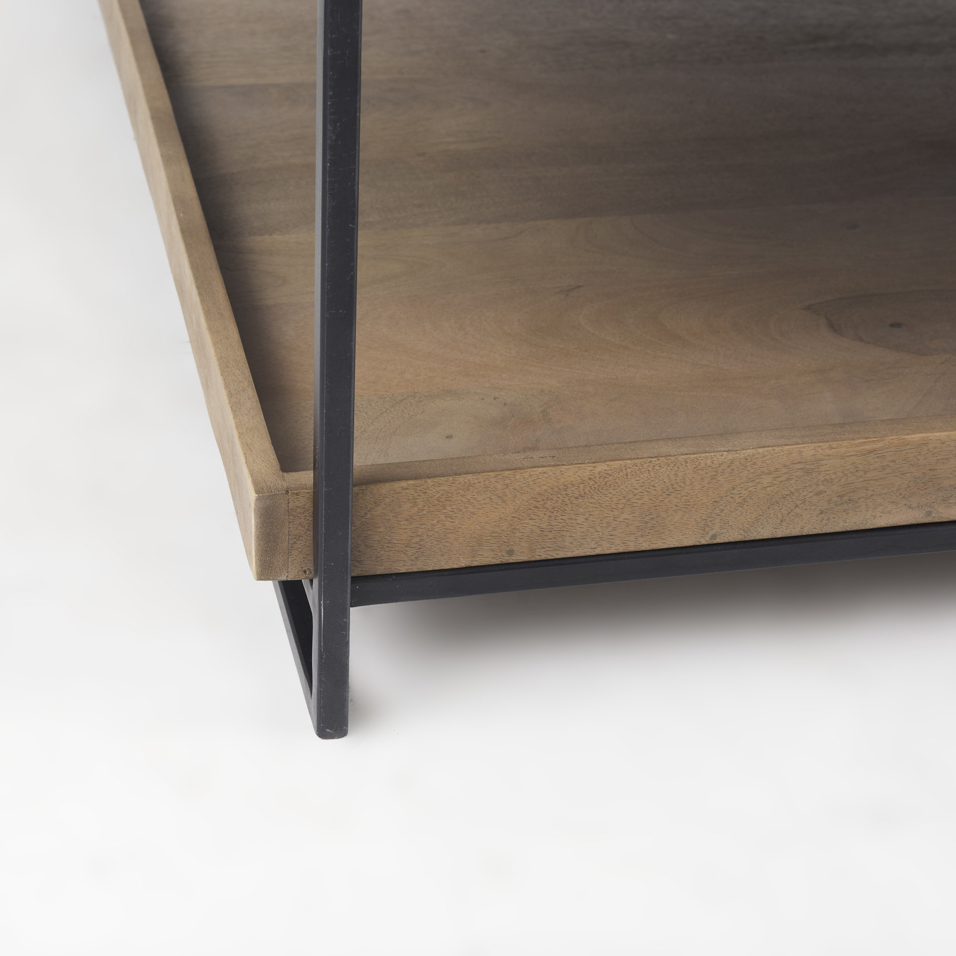 trey 48x46 rectangular brown solid wood top table black metal frame two-tier coffee table