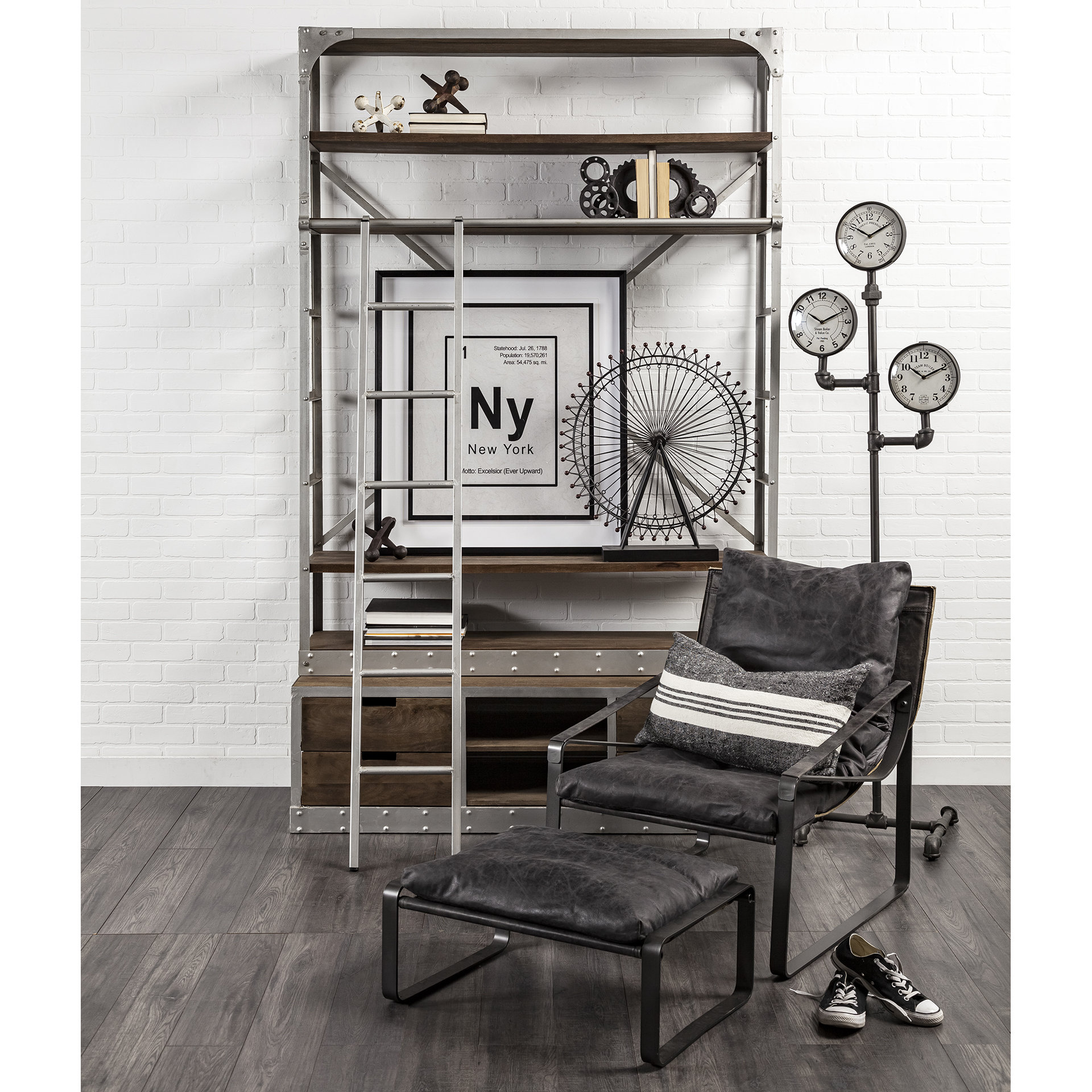 trifect black iron pipe three face floor clock