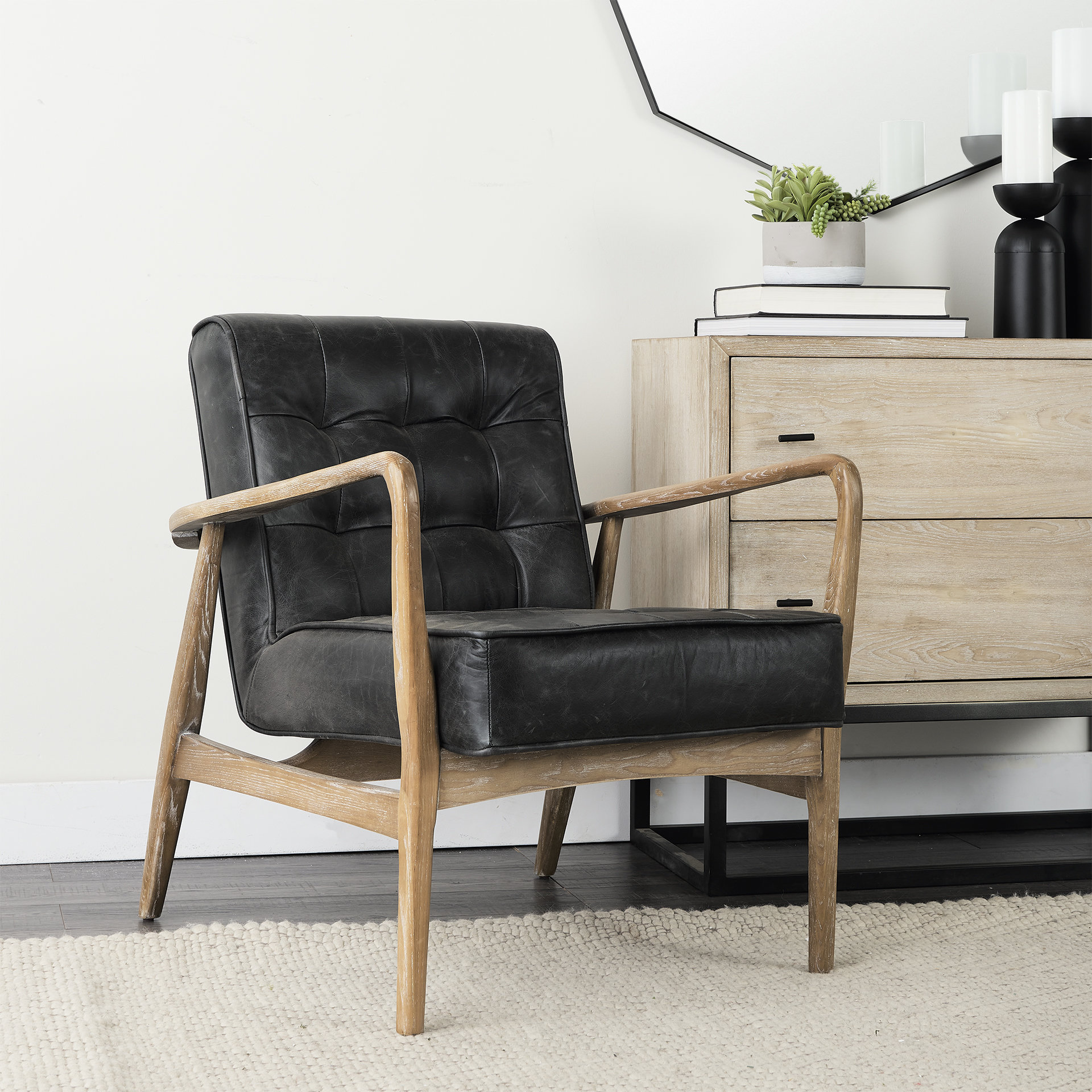phineas black leather w/ brown wooden frame accent chair