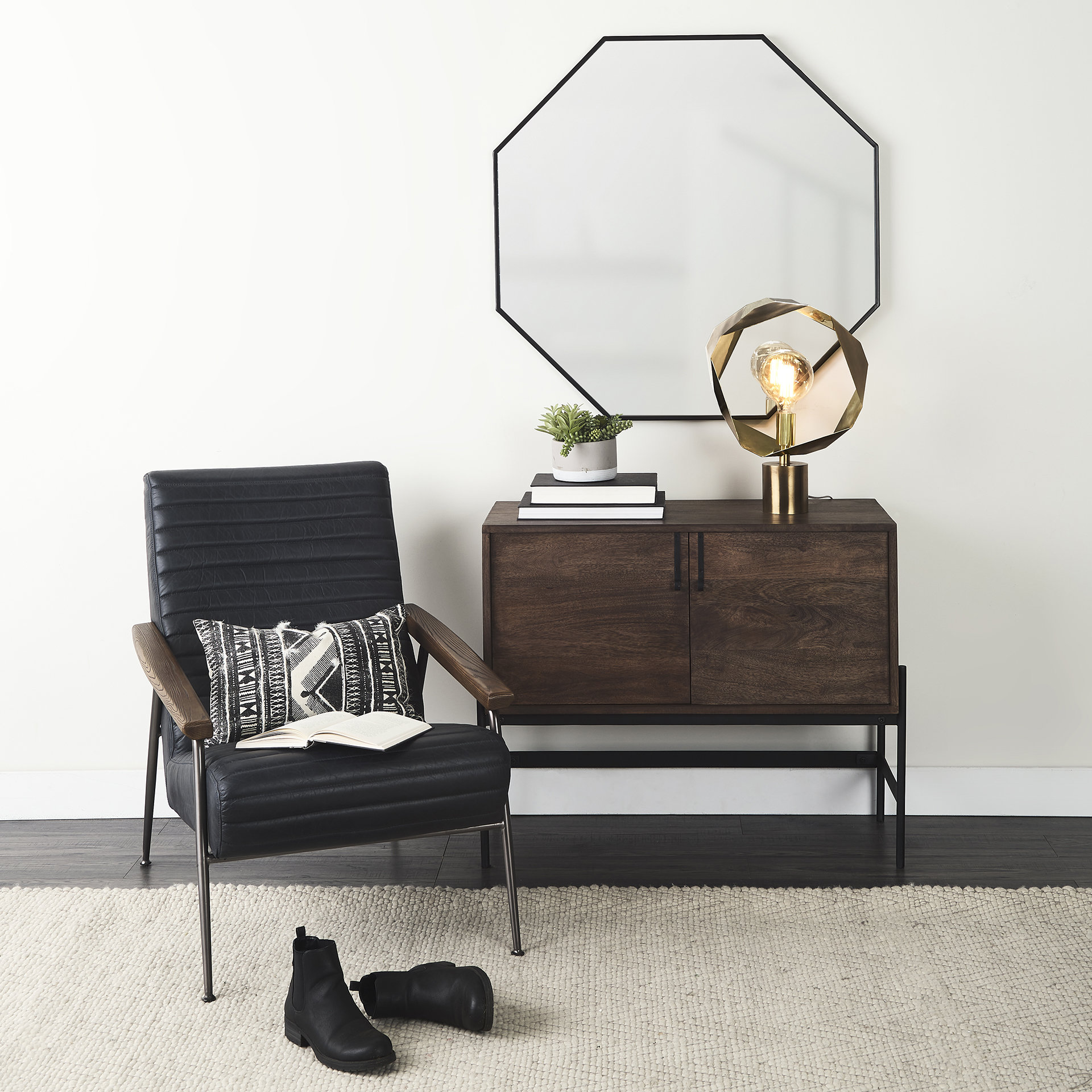 glenn 38l x 16w x 30h dark brown wood w/ black iron frame, 2 door accent cabinet