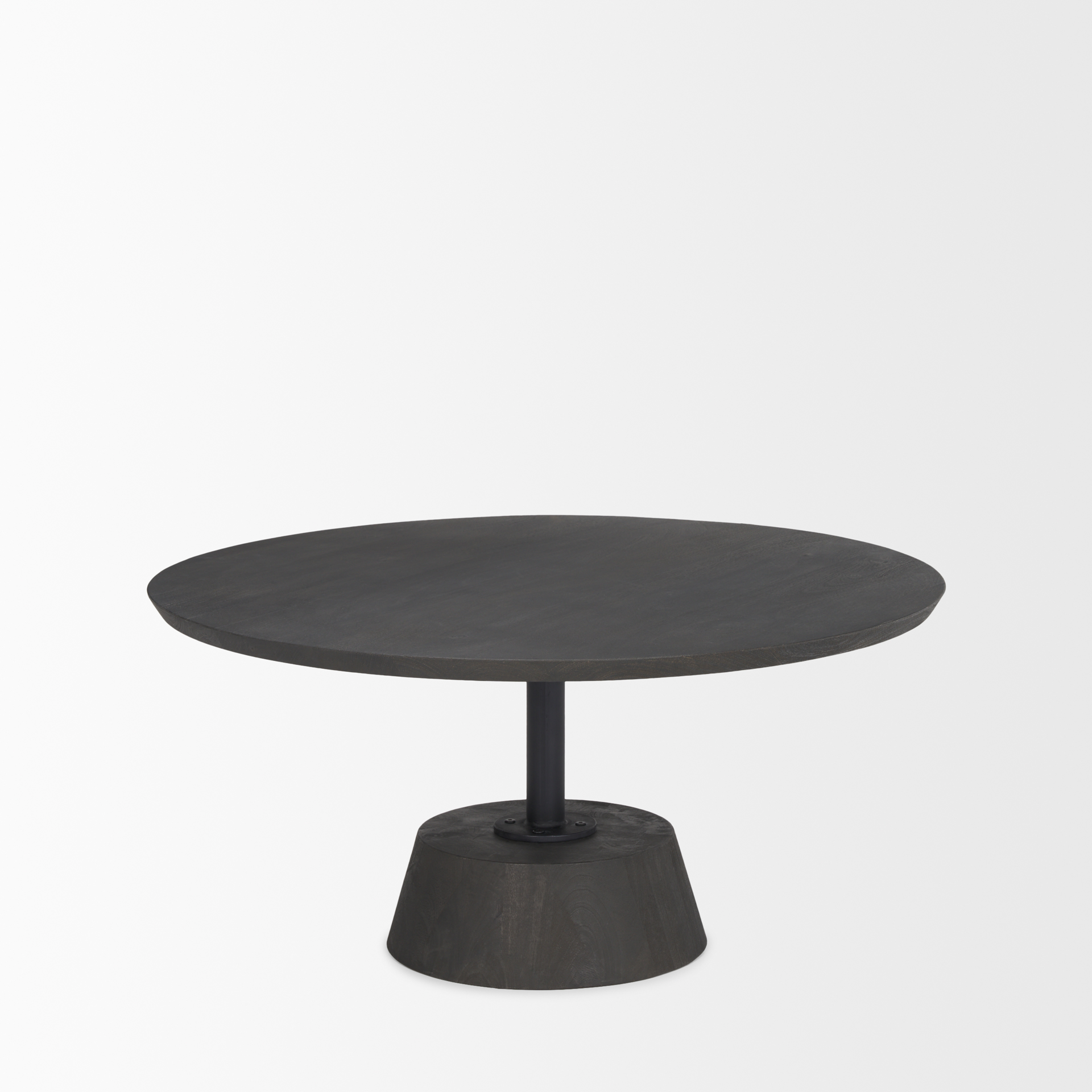 maxwell 34l x 34w x 16h dark brown wood w/ black metal pedestal base round coffee table